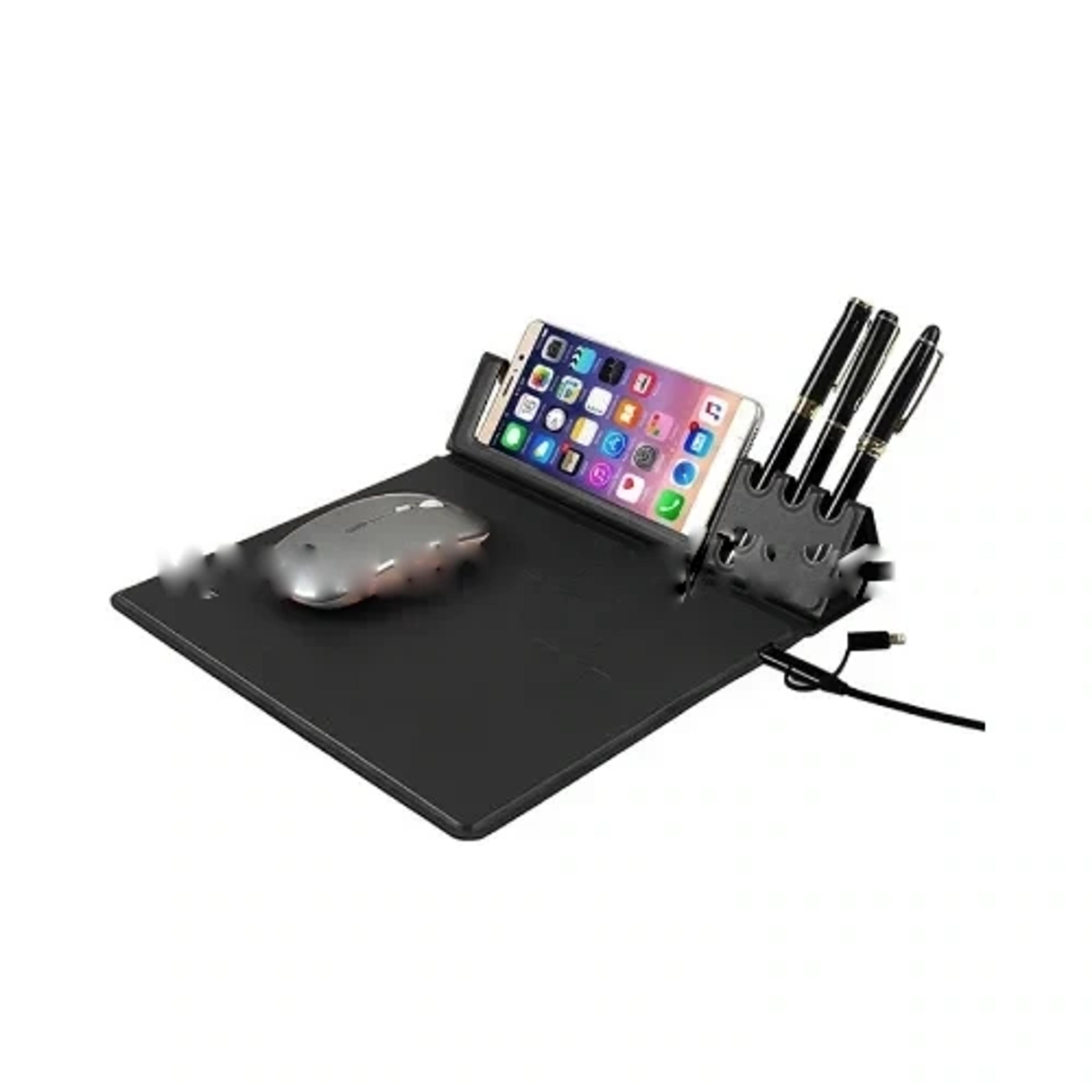 Multifunction Pu Leather Mousepad With Wireless Charging, Pen &amp; Pen Holder