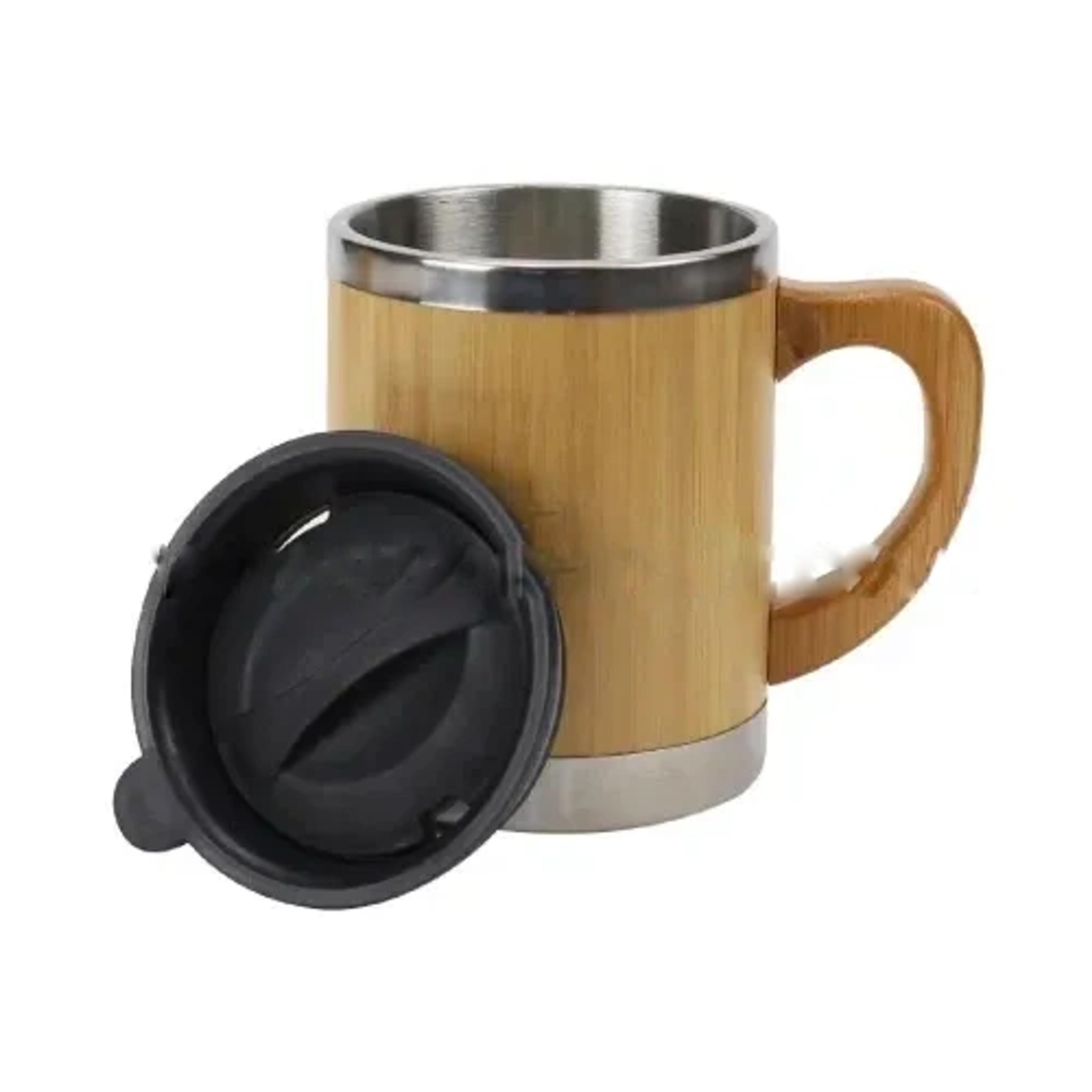 Bamboo & Stainless Steel Coffee Travel Mug With Handle And Lid