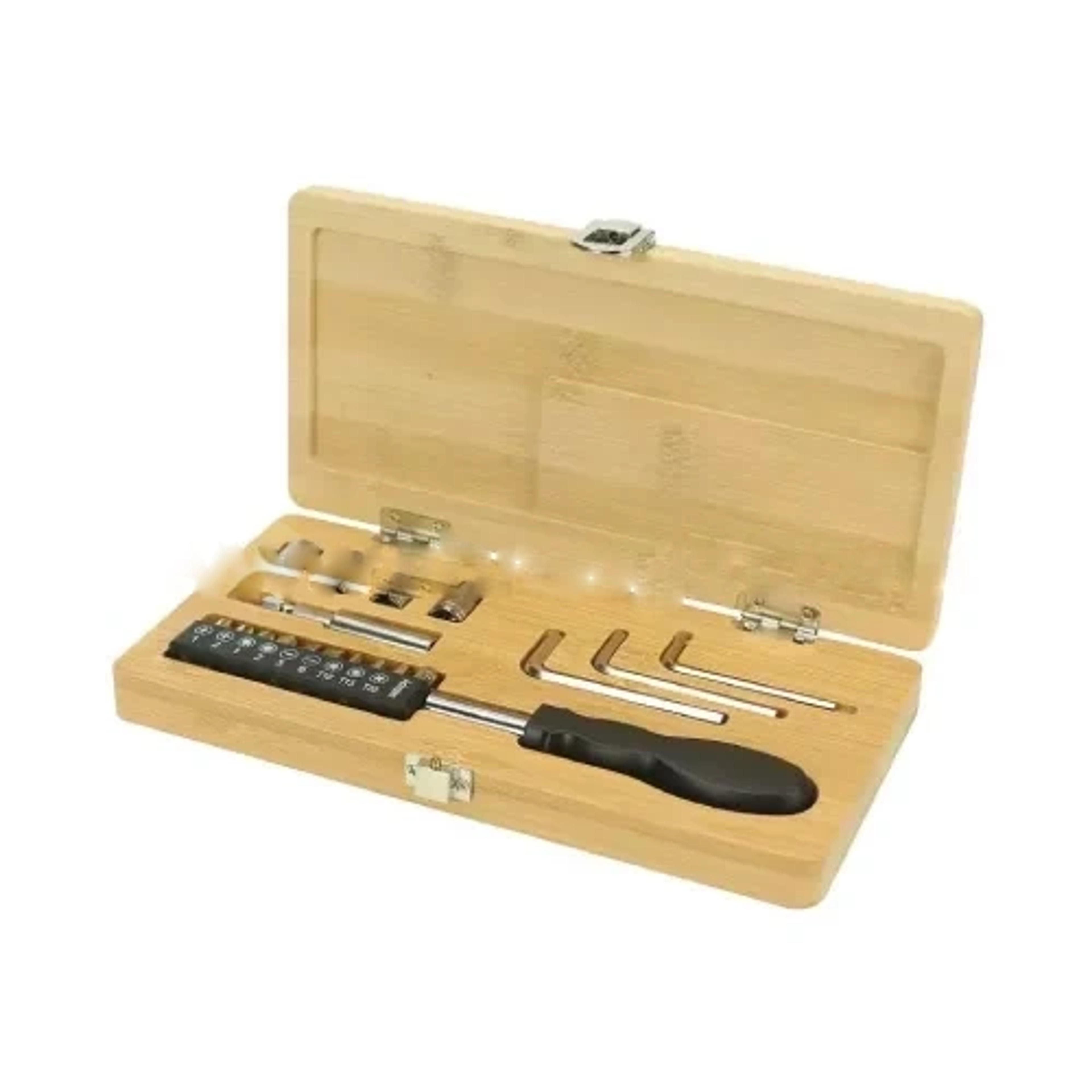 Tool Set in Bamboo Box With Silver Lock
