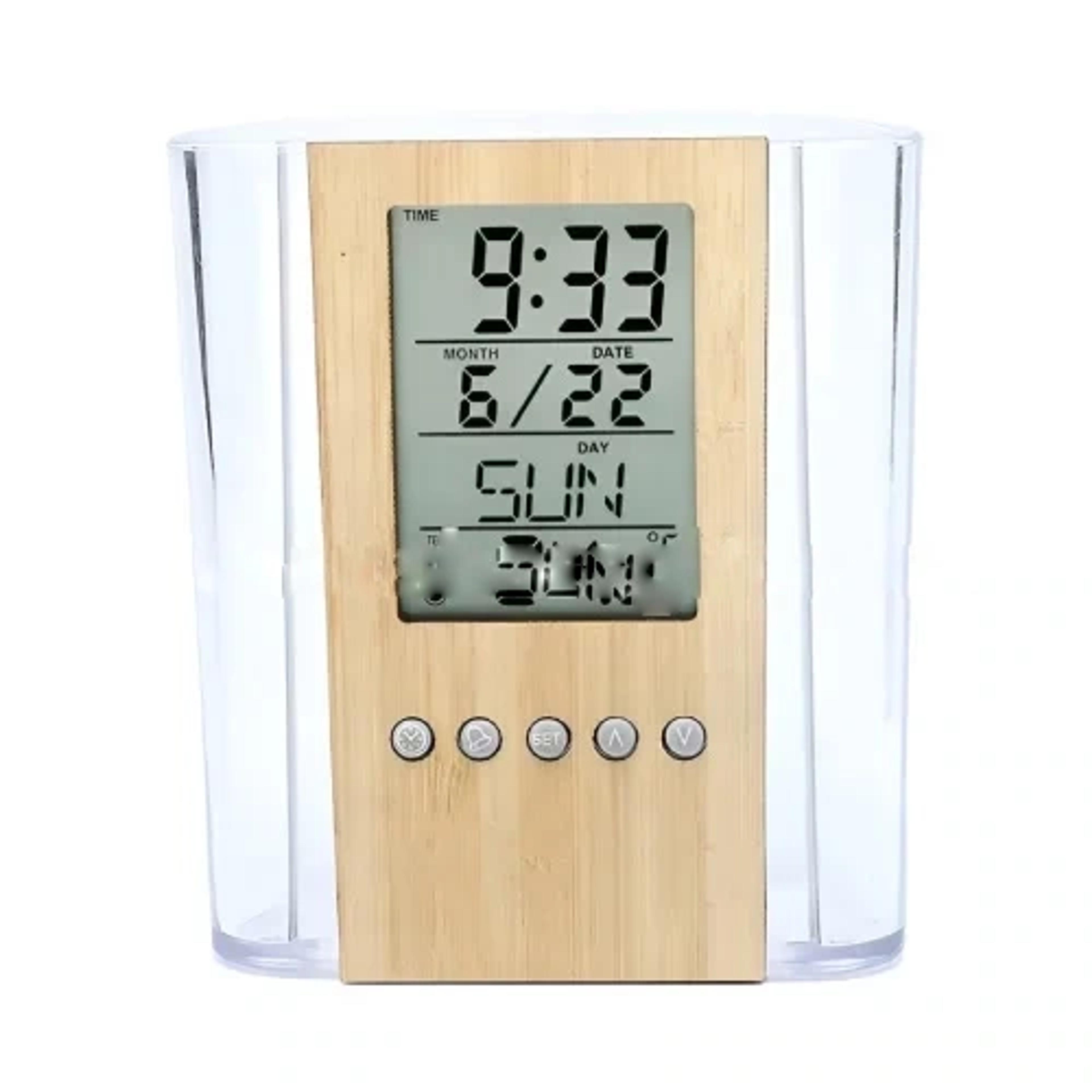 Transparent Pen Holder With Digital Clock