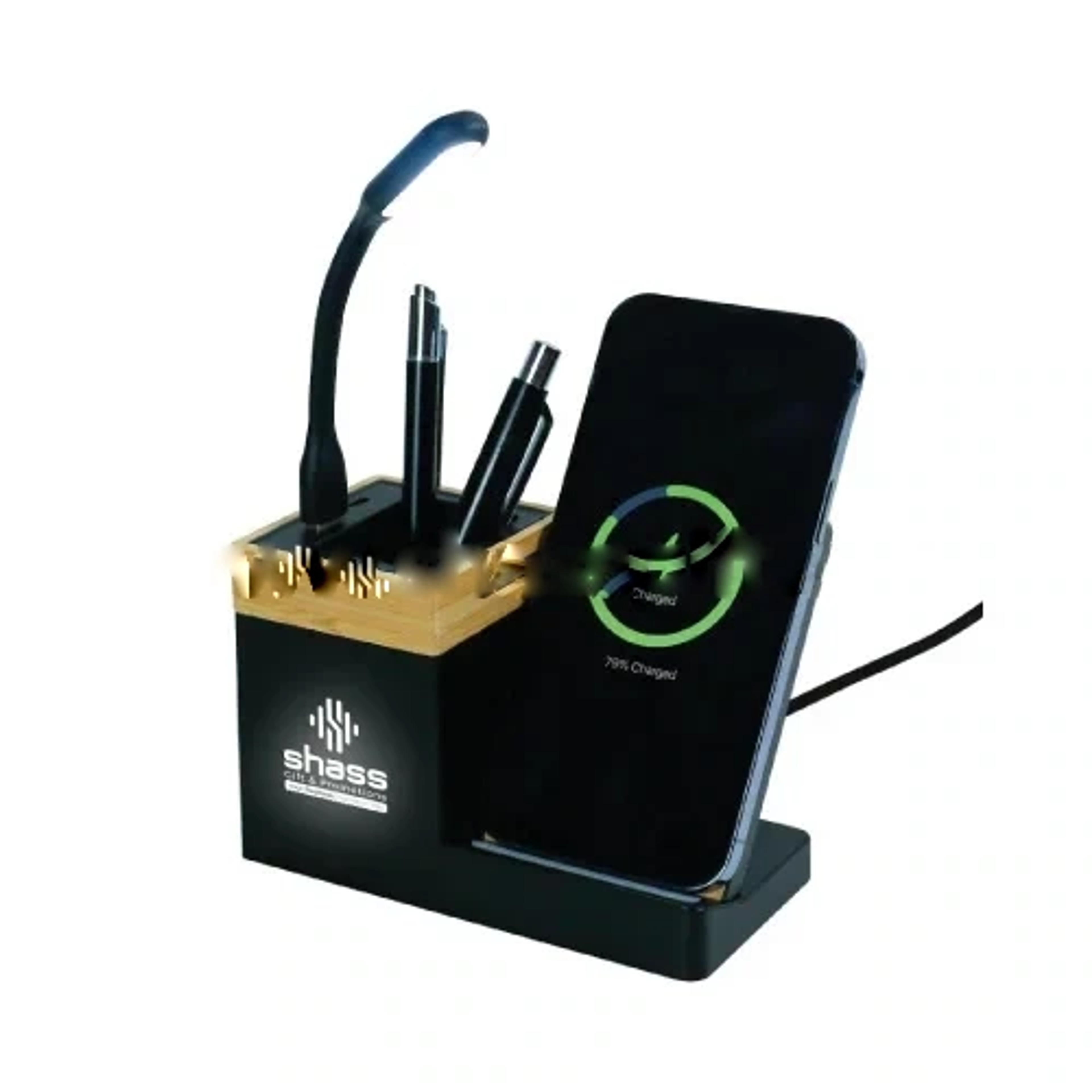 Bamboo Desktop Pen Holder with 15W Wireless Charger &amp; LED Logo