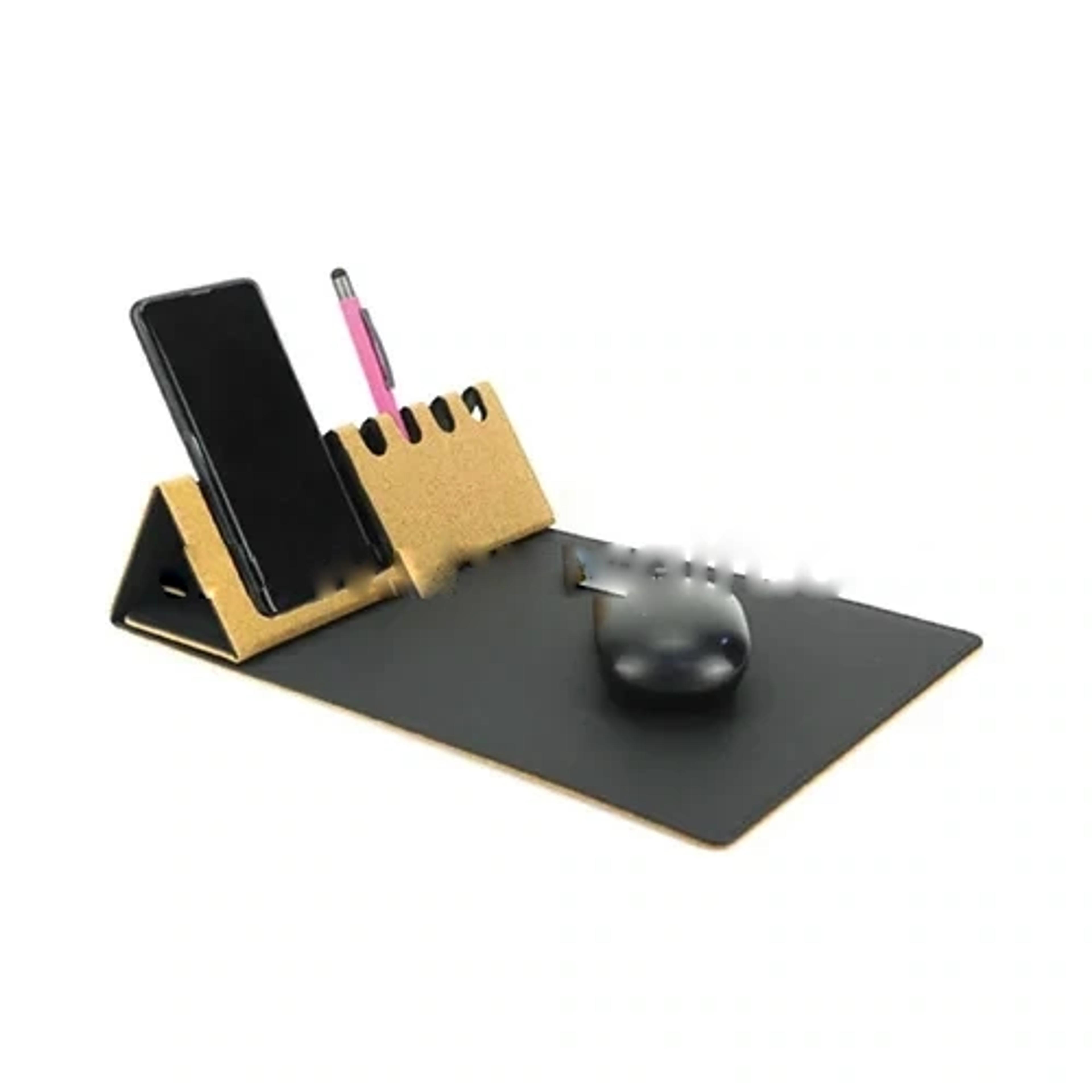 Foldable Cork &amp; Pu Mousepad With Mobile &amp; Pen Holder