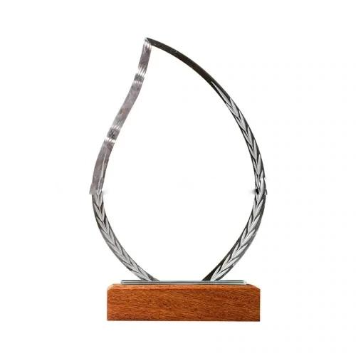 Leaf Shaped Crystal Trophy With Wooden Base