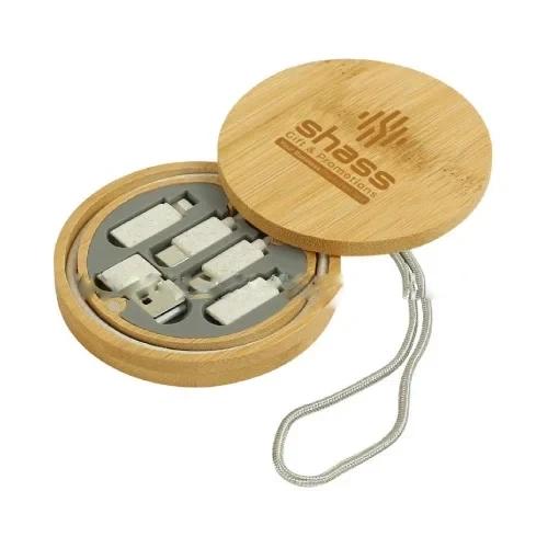 Multi Charging Cable Set In Round Bamboo Case