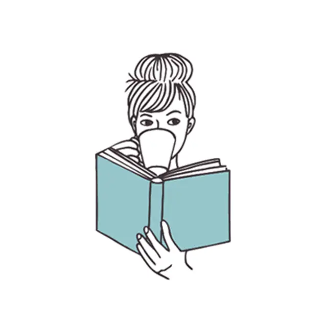 Illustrasjon av dame som sitter og leser bok med en kopp i hånden