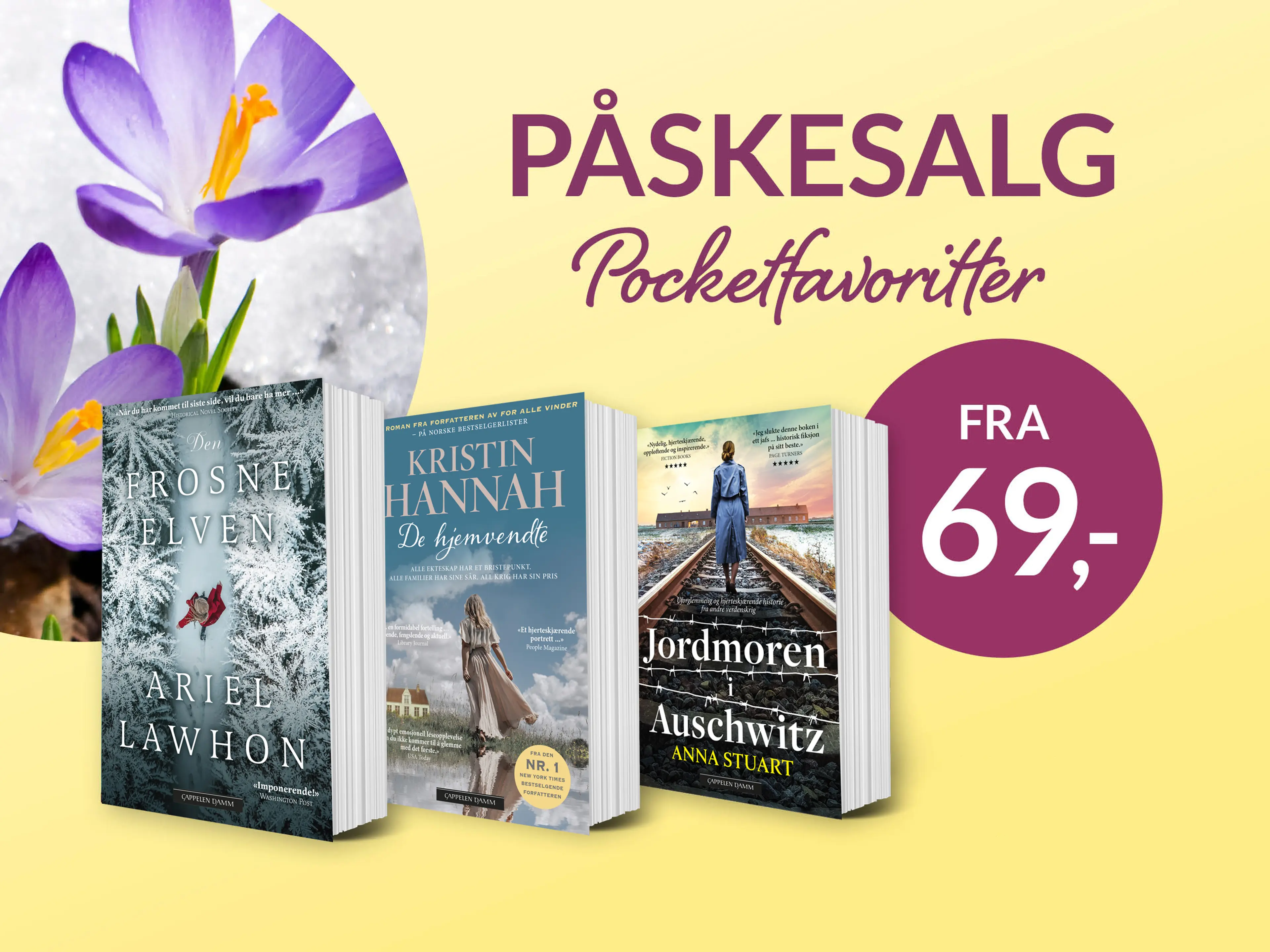Gul bakgrunn med krokus og bombe med teksten fra 69