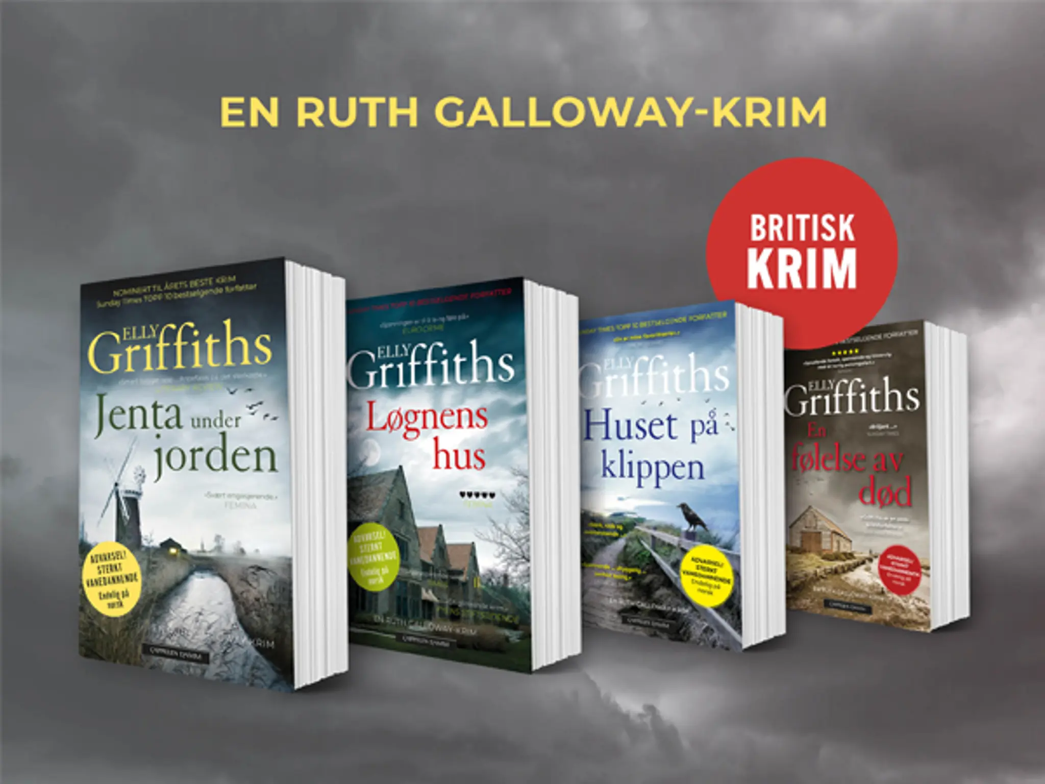 De fire første bøkene i serien om Ruth Galloway og bombe med teksten Britisk krim