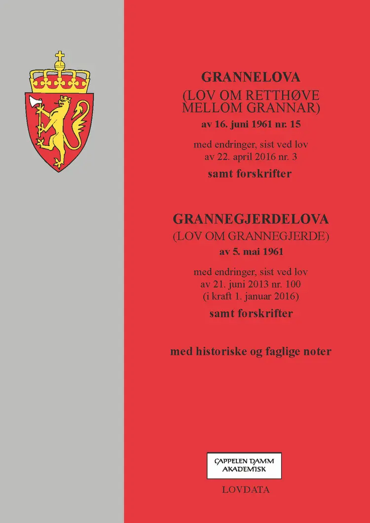 Omslag Grannelova m/forskrifter og grannegjerdelova (Heftet)