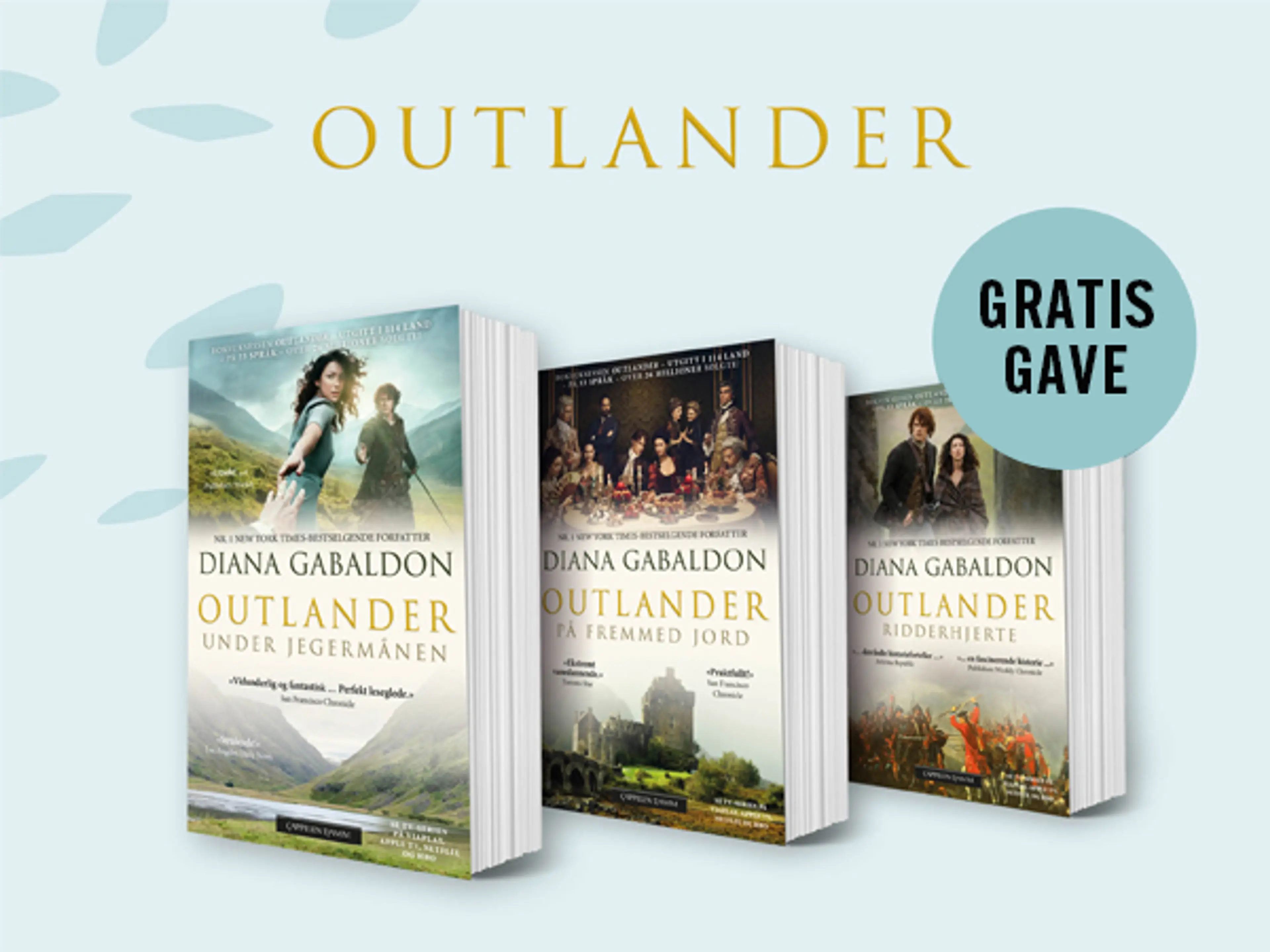 De tre første bøkene i serien Outlander og bombe med teksten Gratis gave