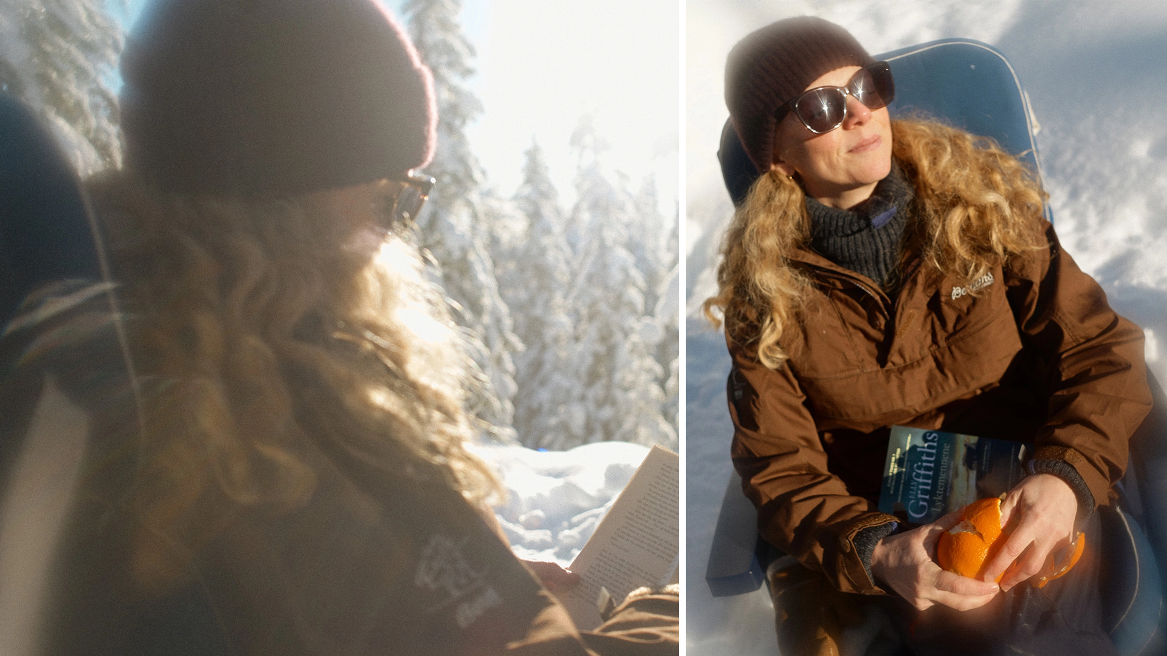 En kvinne med solbriller og ansiktet vendt mot solen sitter i en stol i snøen med en krimbok i fanget mens hun skreller en appelsin.
