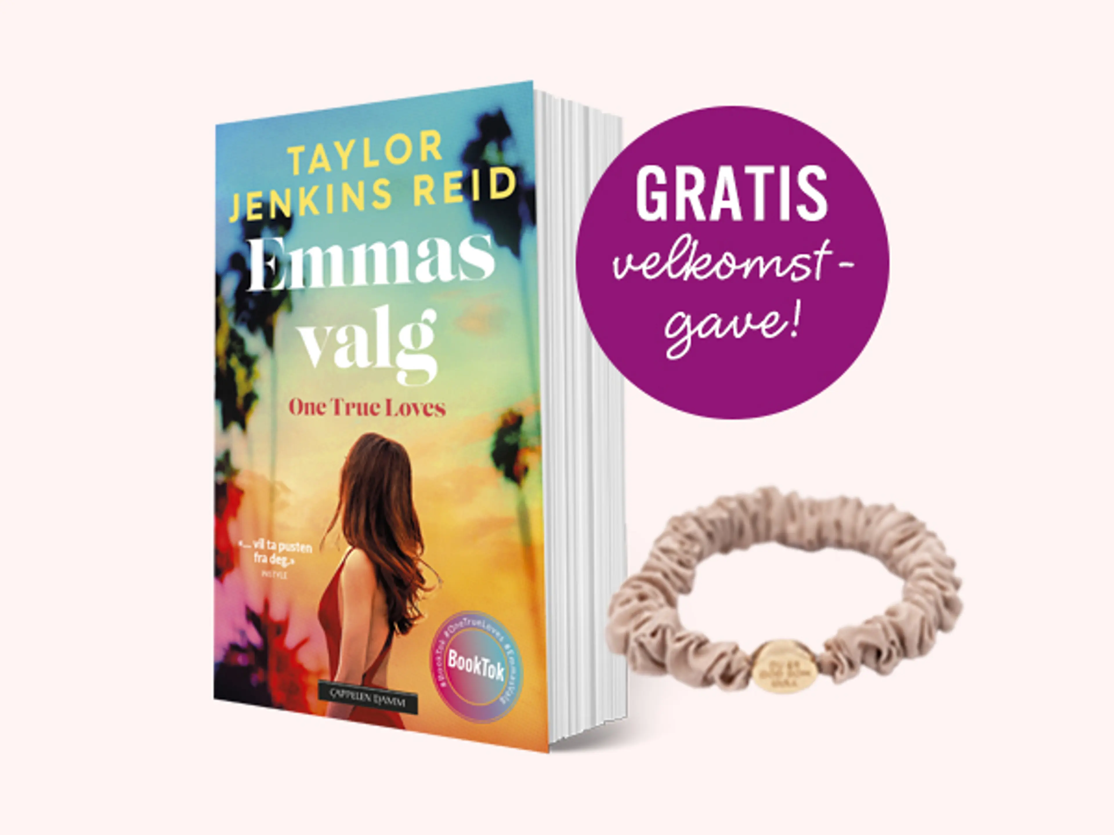 Boken Emmas valg og hårstrikk (foto) og bombe med teksten Gratis velkomstgave