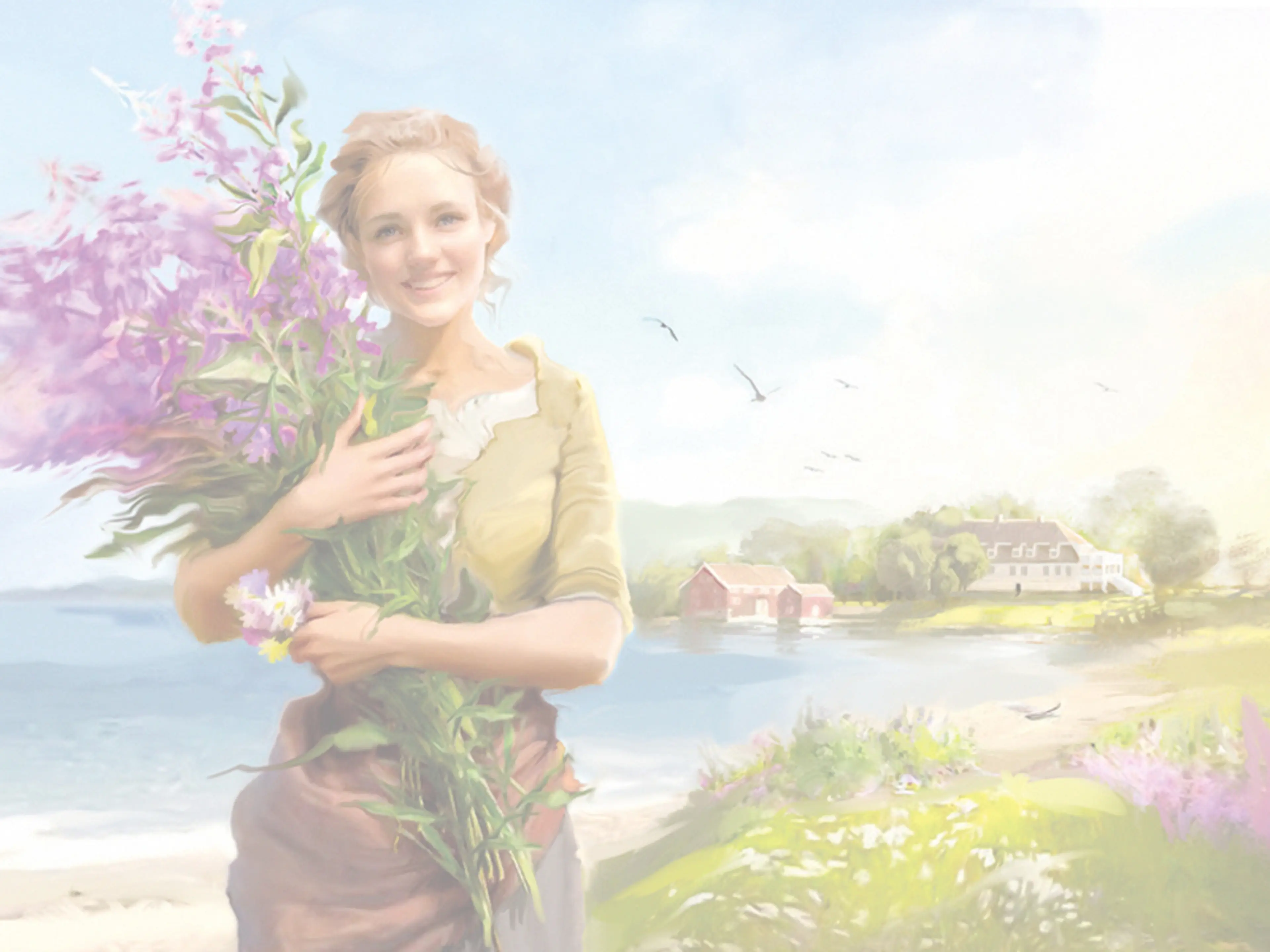 Illustrasjon av en ung smilende kvinne med favnen full av rosa blomster
