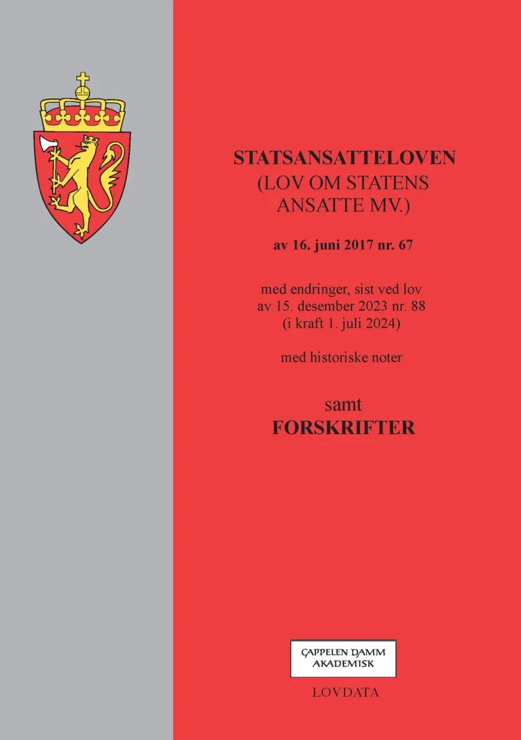 Omslag Statsansatteloven (lov om statens ansatte) m/forskrifter (Heftet)