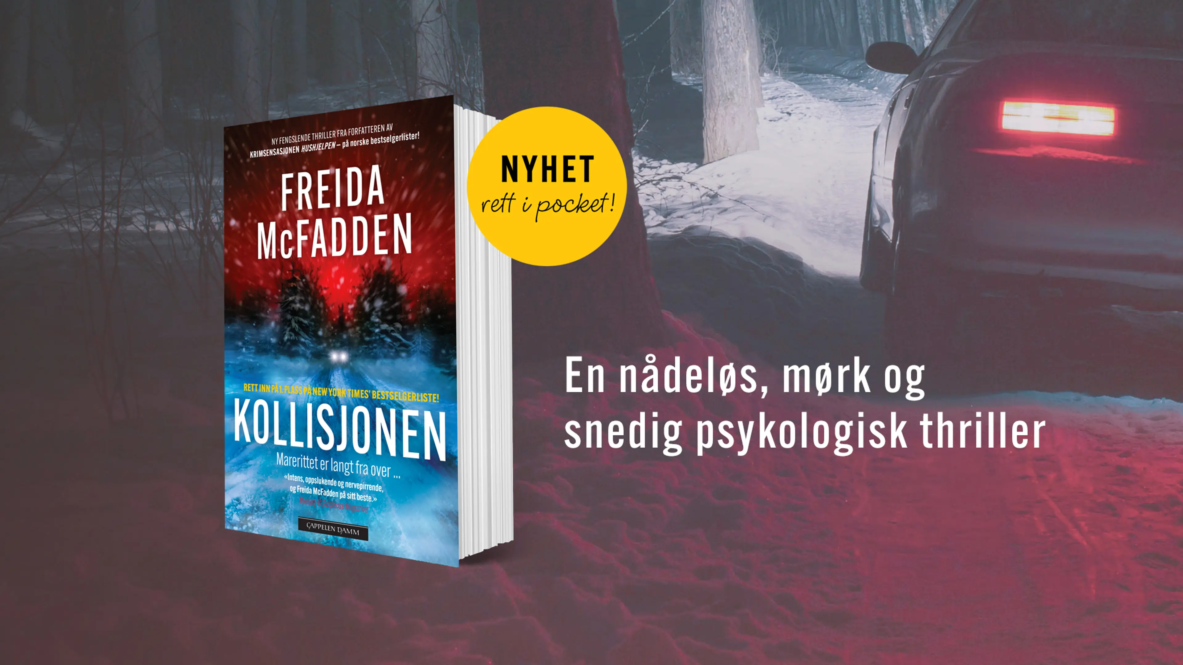 Boken Kollisjonen på en bakgrunn med snø, skog og en bil med lysene på