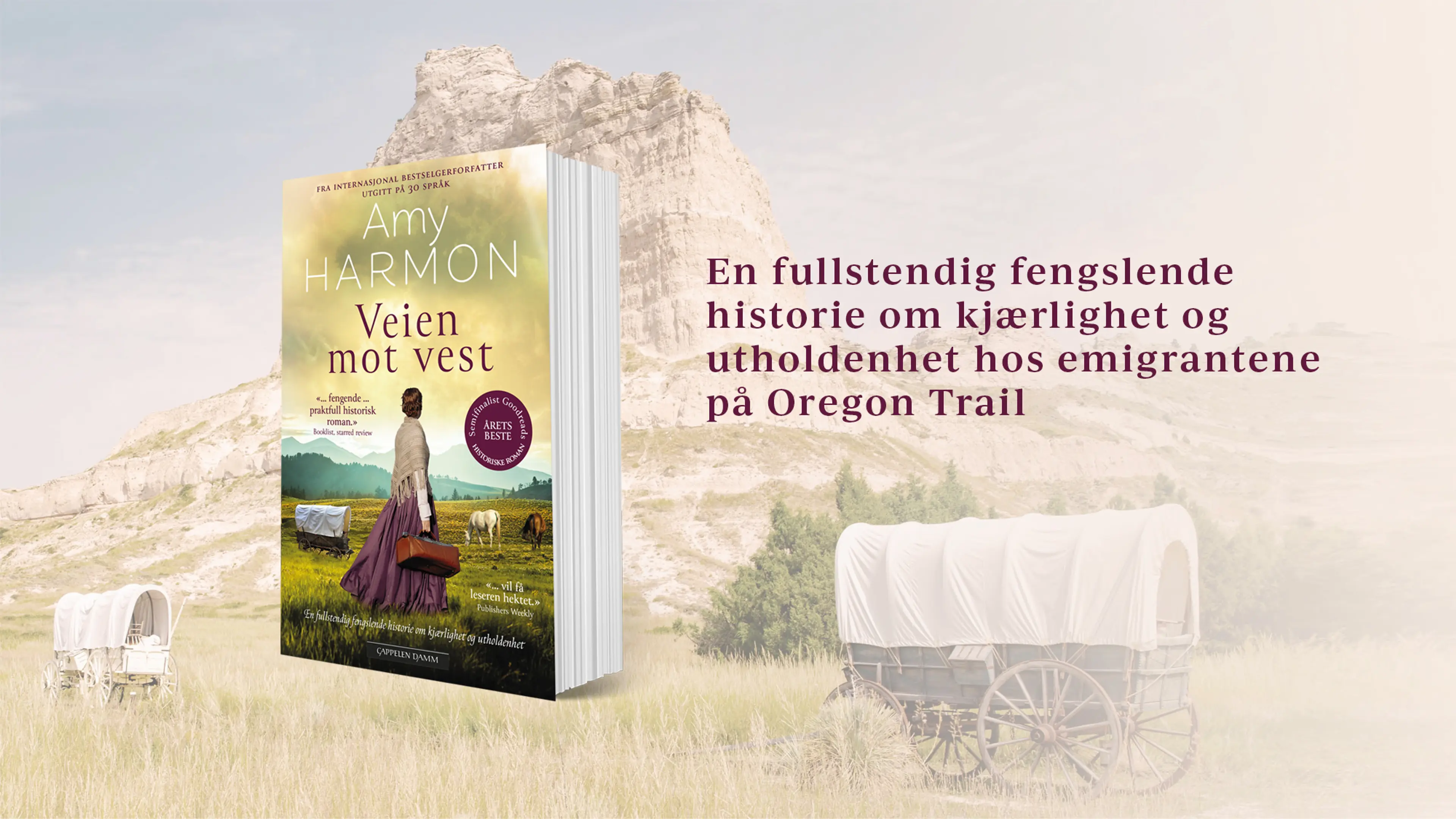 Boken Veien mot vest på en bakgrunn med prærielandskap og en hestevogn