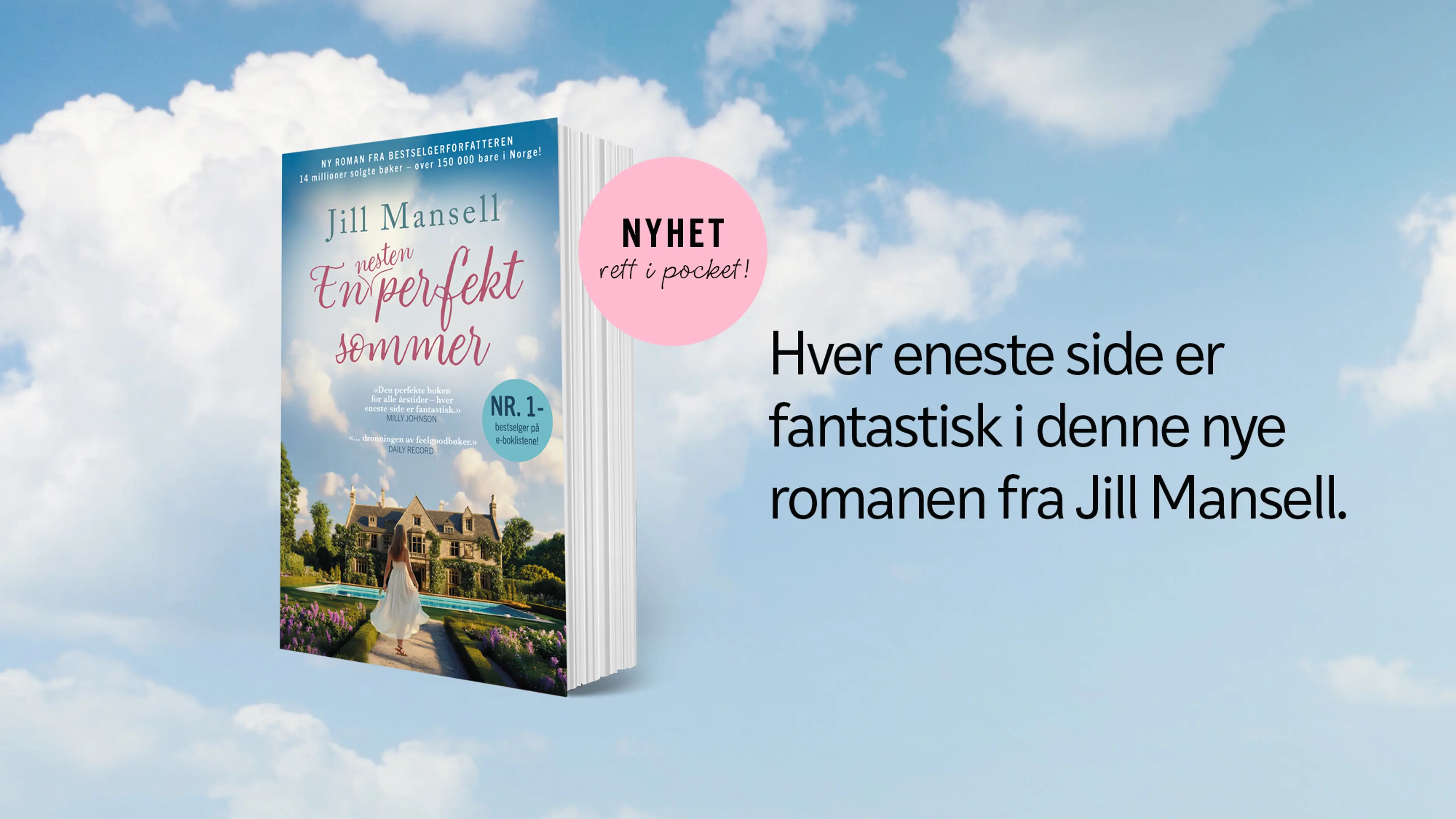 Boken En nesten perfekt sommer på en bakgrunn av blå himmel og skyer og en rosa bombe med teksten Nyhet rett i pocket