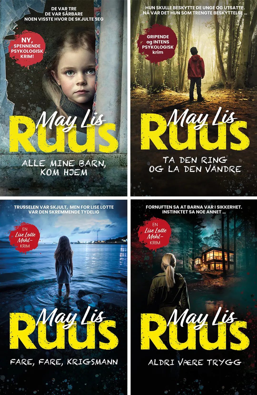 Bilde av de fire bøkene i krimserien Lise Lotte Mehl av May Lis Ruus