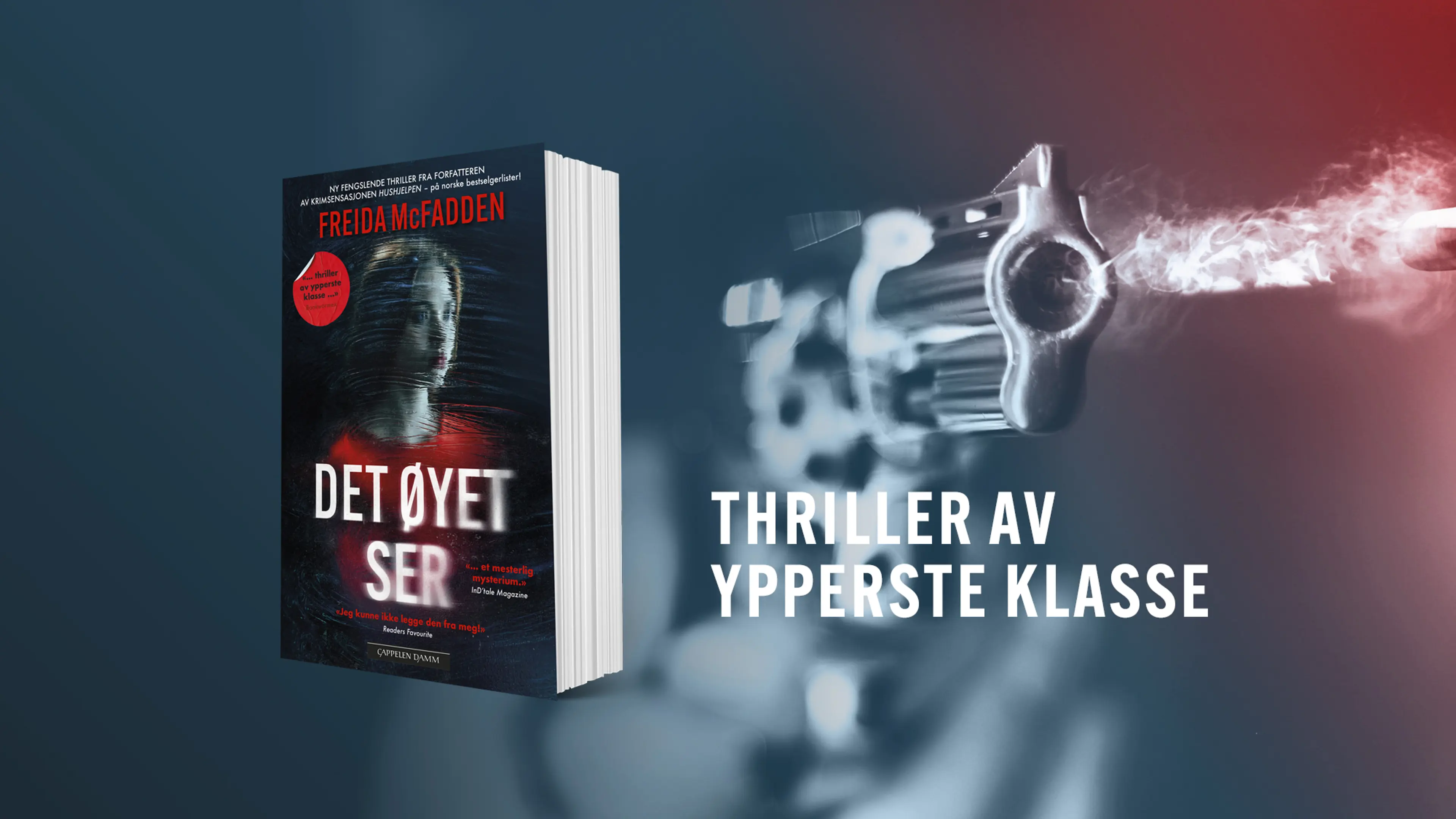 Boken Det øyet ser og bilde av en pistolmunning med kruttrøyk