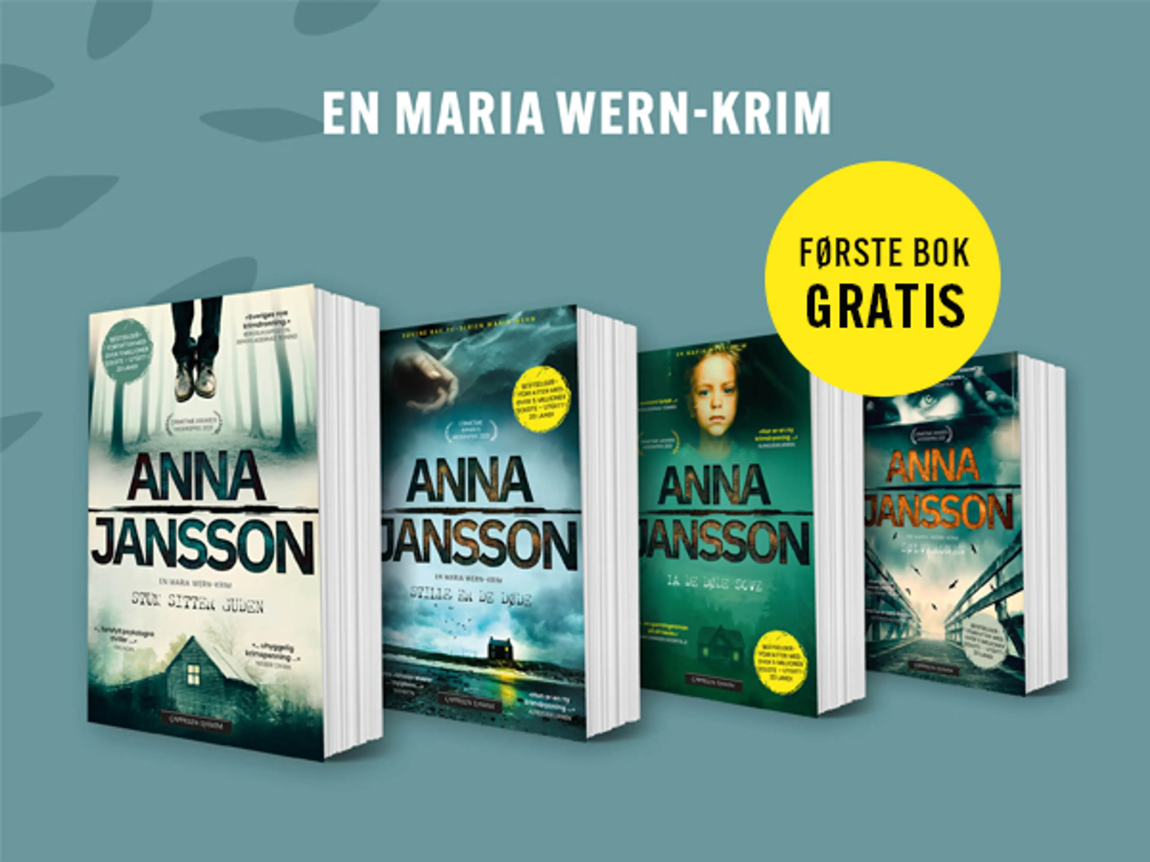 Fire første bøker i serien Rebekka Holm og bombe med teksten Første bok gratis