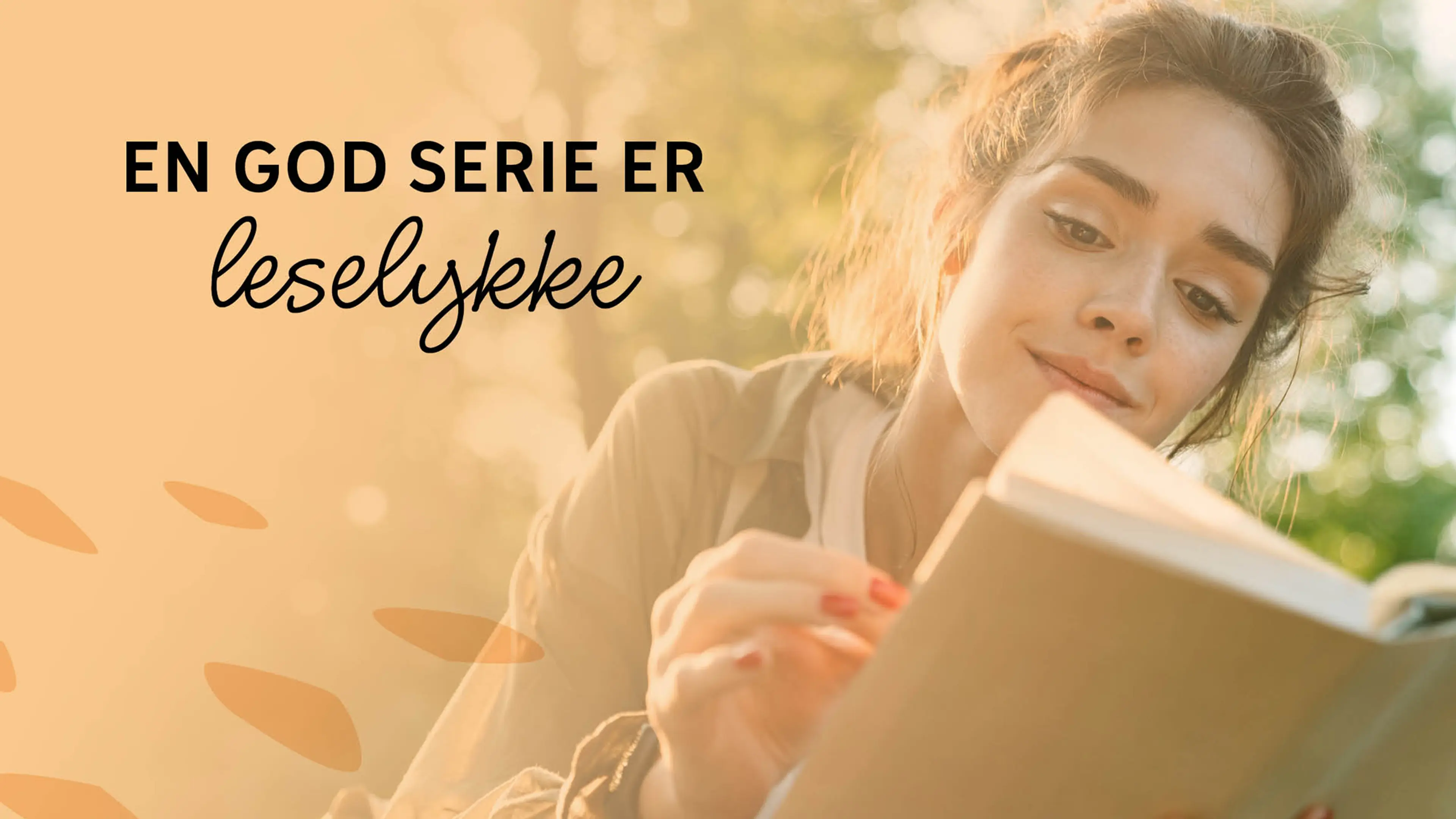 En dame som leser bok på en gul bakgrunn med teksten En god serie er leselykke