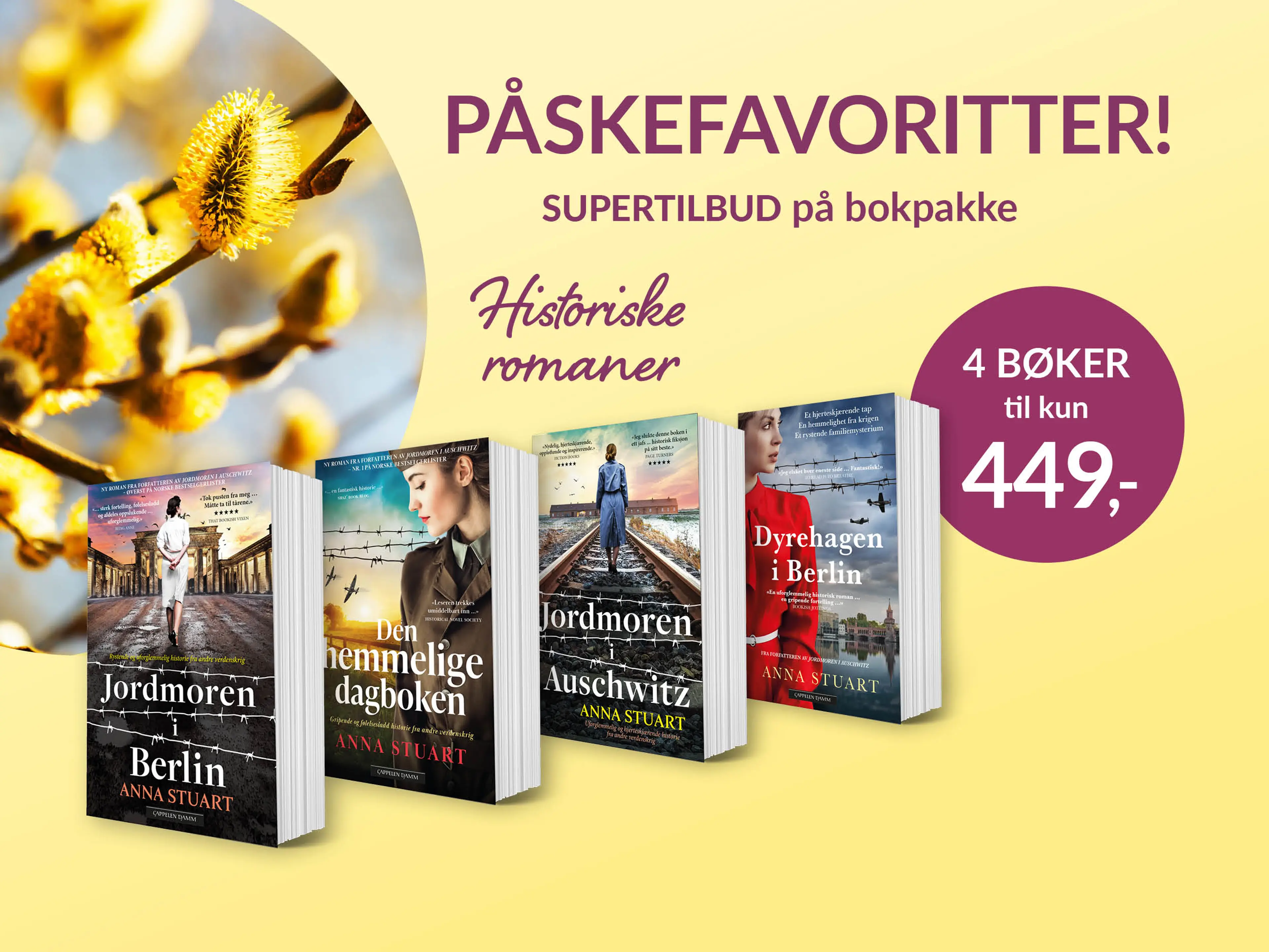 Fire bøker av Anna Stuart på gul bakgrunn
