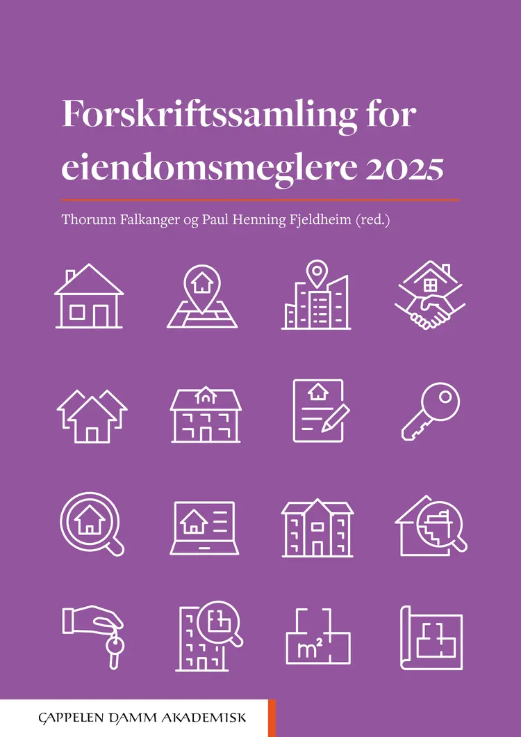 Omslag Forskriftssamling for eiendomsmeglere 2025 av Thorunn Falkanger og Paul Henning Fjeldheim (red.) (Heftet)