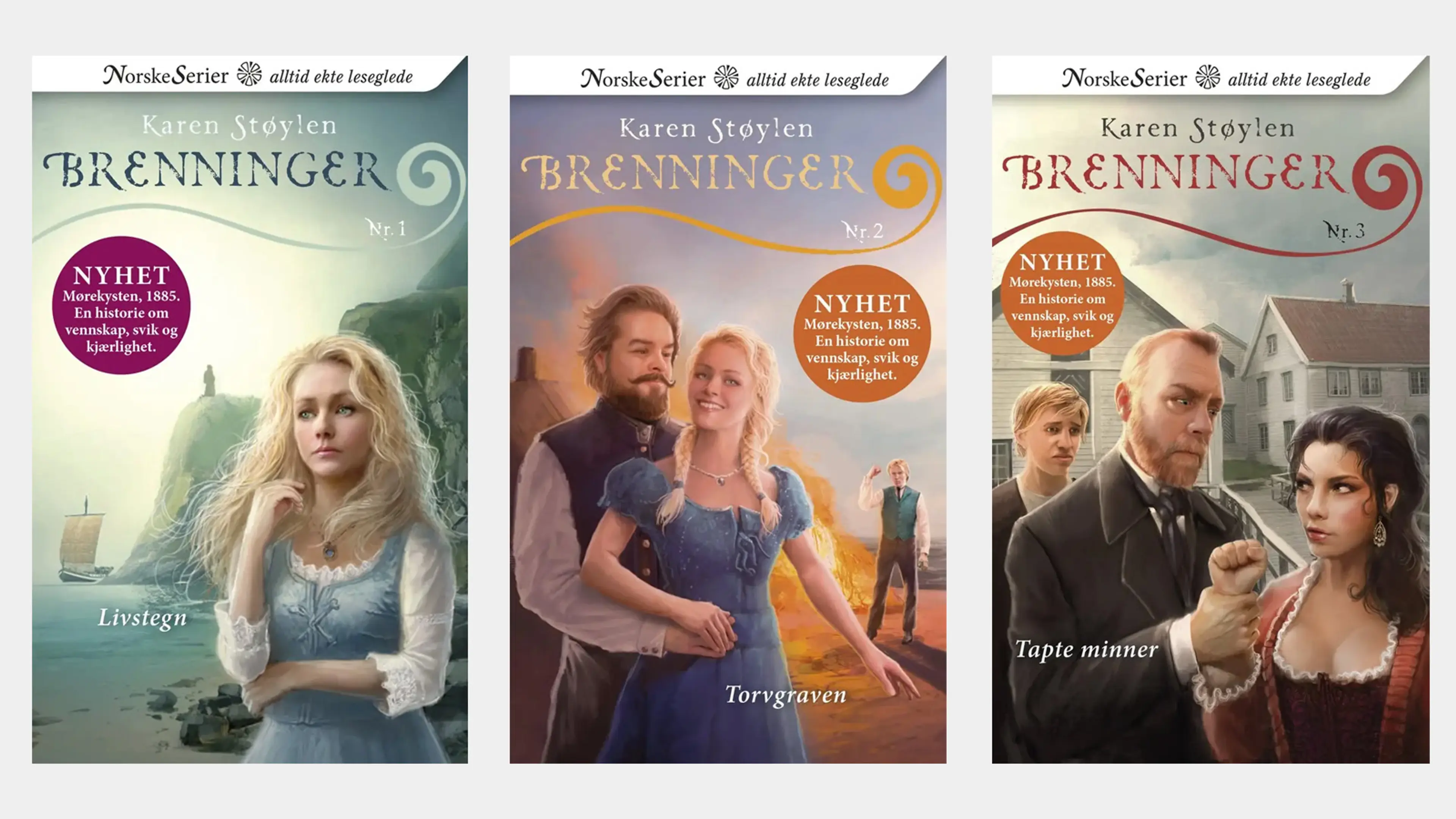 De tre første bøkene i serien Brenninger
