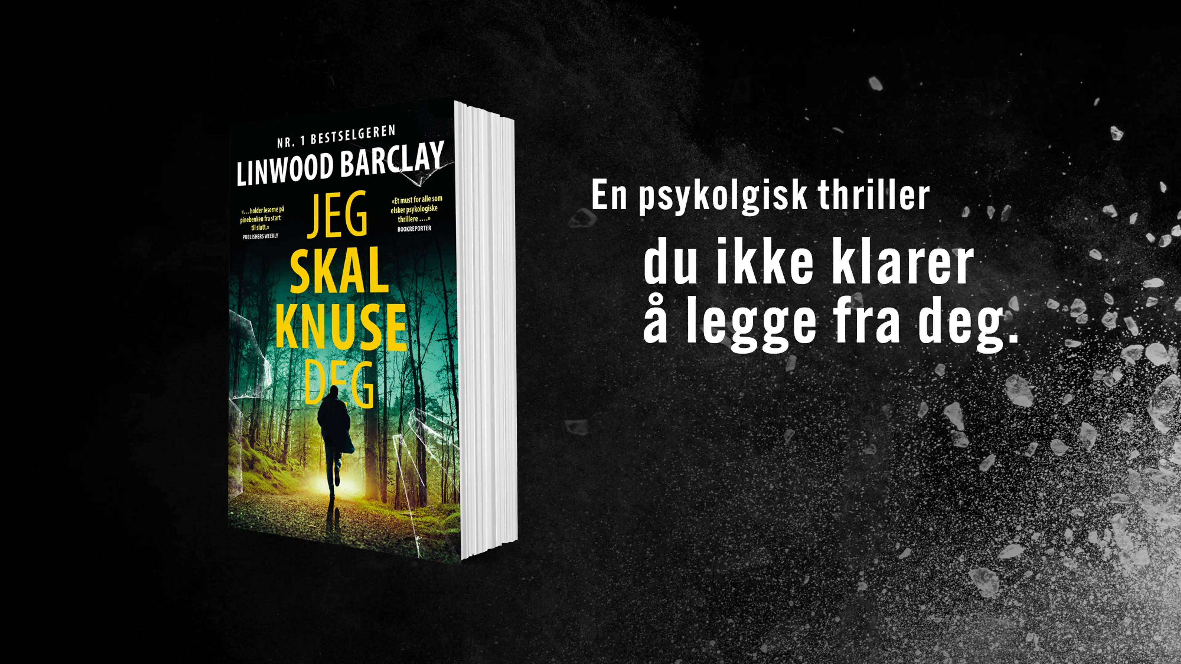 Boken Jeg skal knuse deg på sort bakgrunn med knust glass