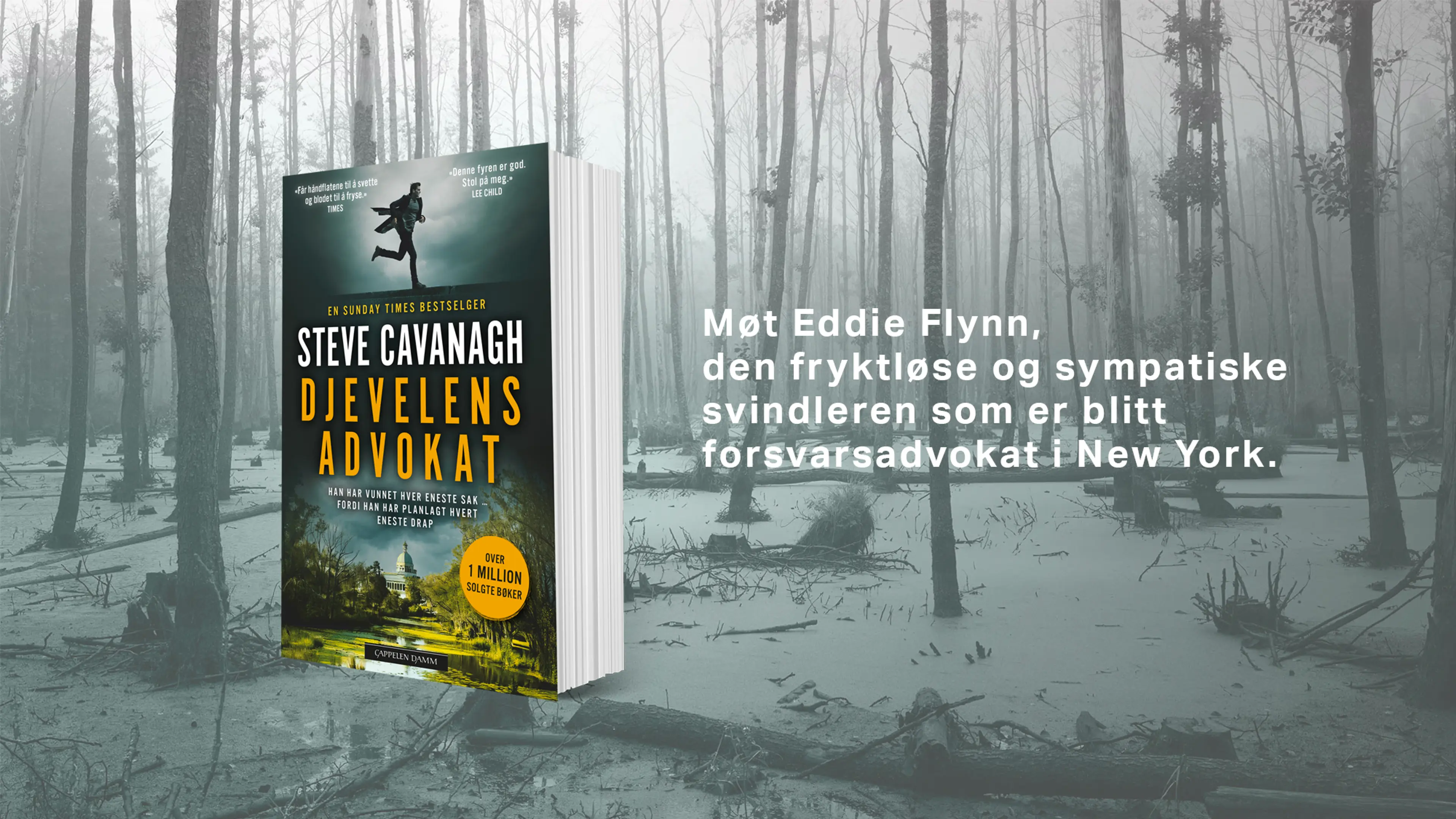 Boken Djevelens advokat på en bakgrunn med bilde av skog