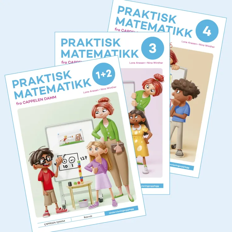 Omslag Praktisk matematikk 1+2, 3 og 4 fra Cappelen Damm Undervisningsopplegg av Lone Anesen og Nina Winther (Ukjent)