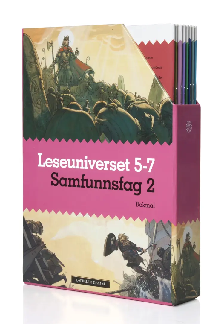 Omslag Leseuniverset 5-7 Samfunnsfag 2 (boks) av Jørgen Alnæs m.fl (Eske)