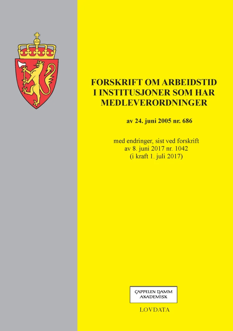 Omslag Forskrift om arbeidstid i institusjoner som har medleverordninger (Heftet)