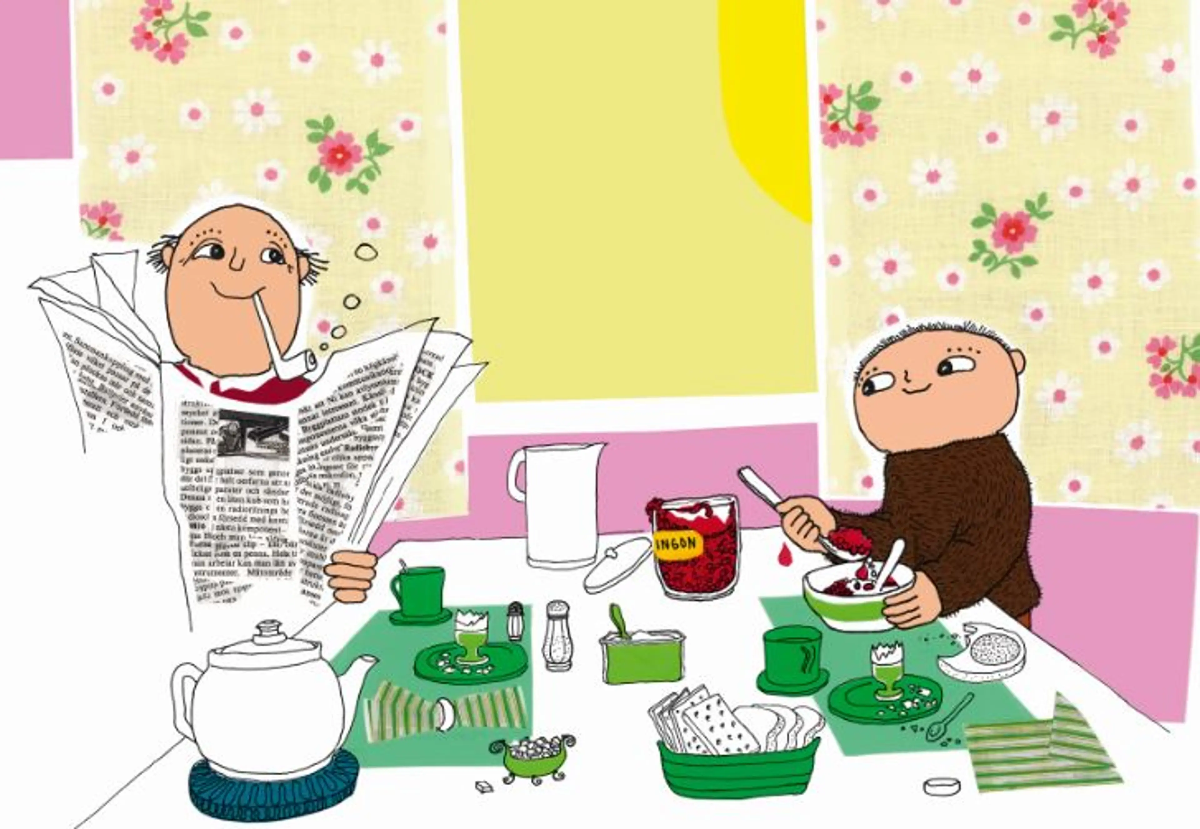Albert Åberg spiser frokost, pappa Bertil leser avisen og røyker pipe.