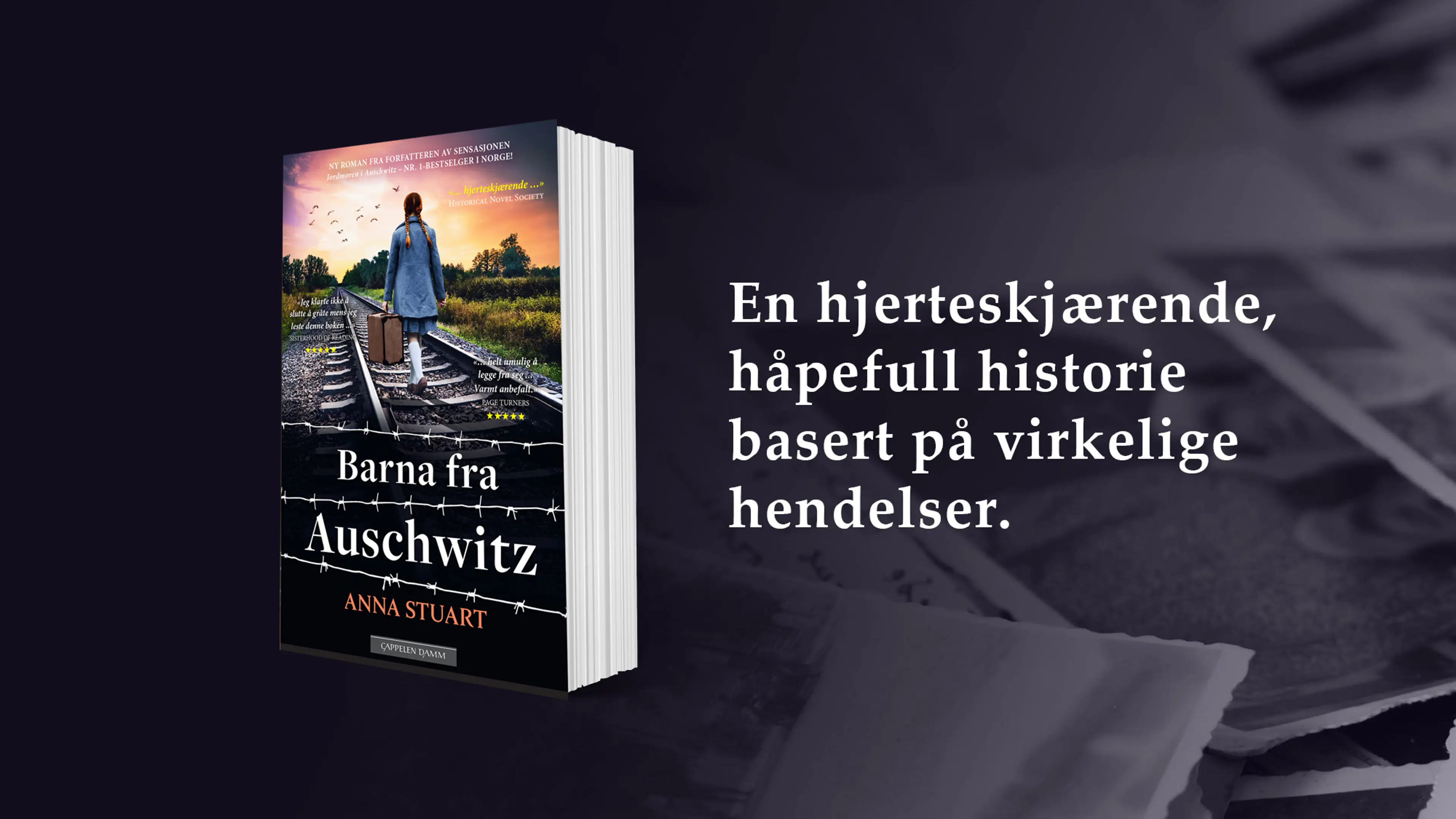 Boken Barna fra Auschwitz på en bakgrunn med brev utover et bord