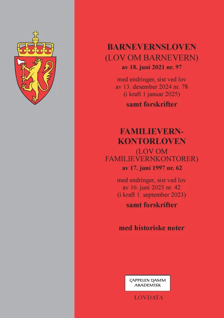 Omslag Barnevernsloven m/forskrifter og lov om familievernkontorer m/forskrifter (Heftet)