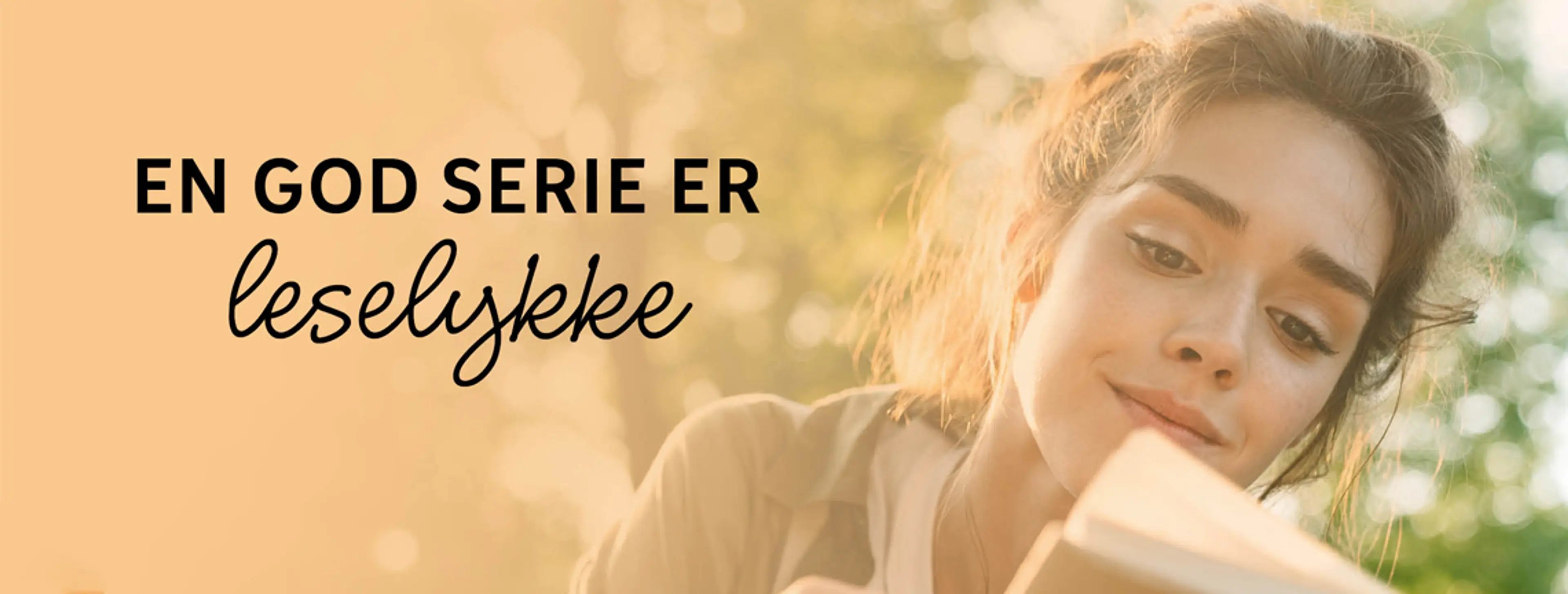En dame som leser bok på en gul bakgrunn med teksten En god serie er leselykke