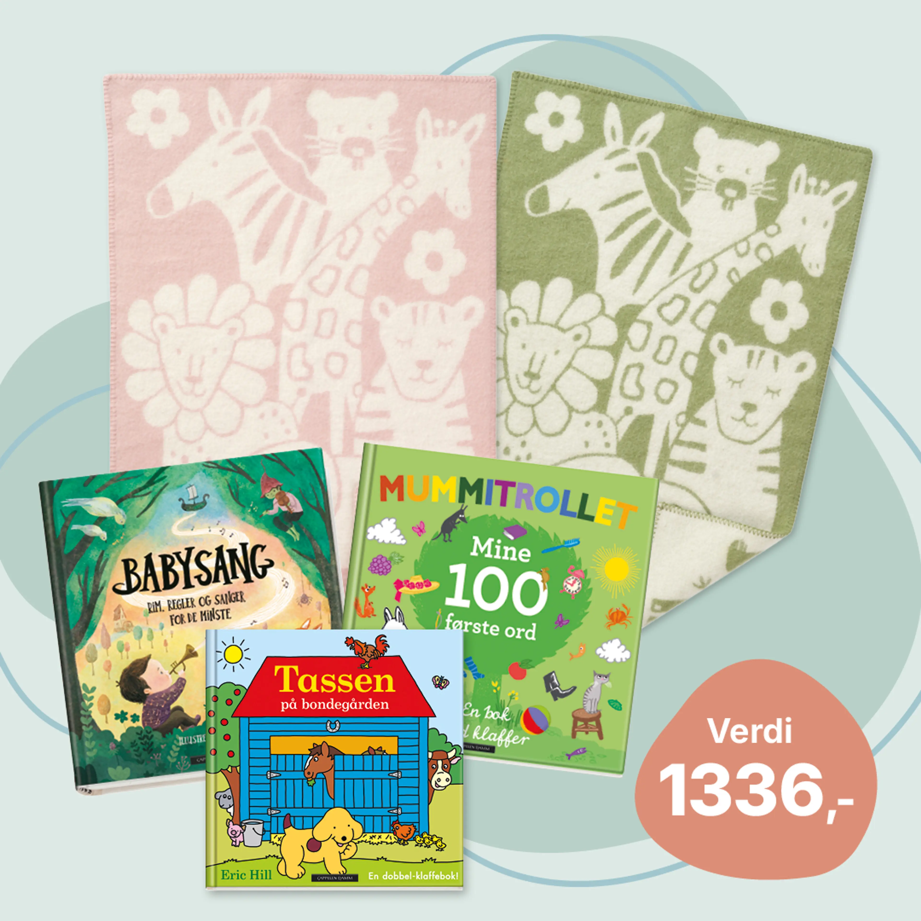 Velkomstpakke med Klippan ullteppe og 3 barnebøker