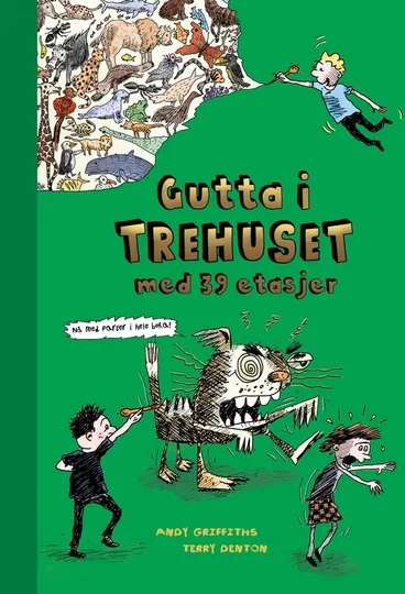 Omslag Gutta i trehuset med 39 etasjer praktutgave i farger av Terry Denton og Andy Griffiths (Innbundet)