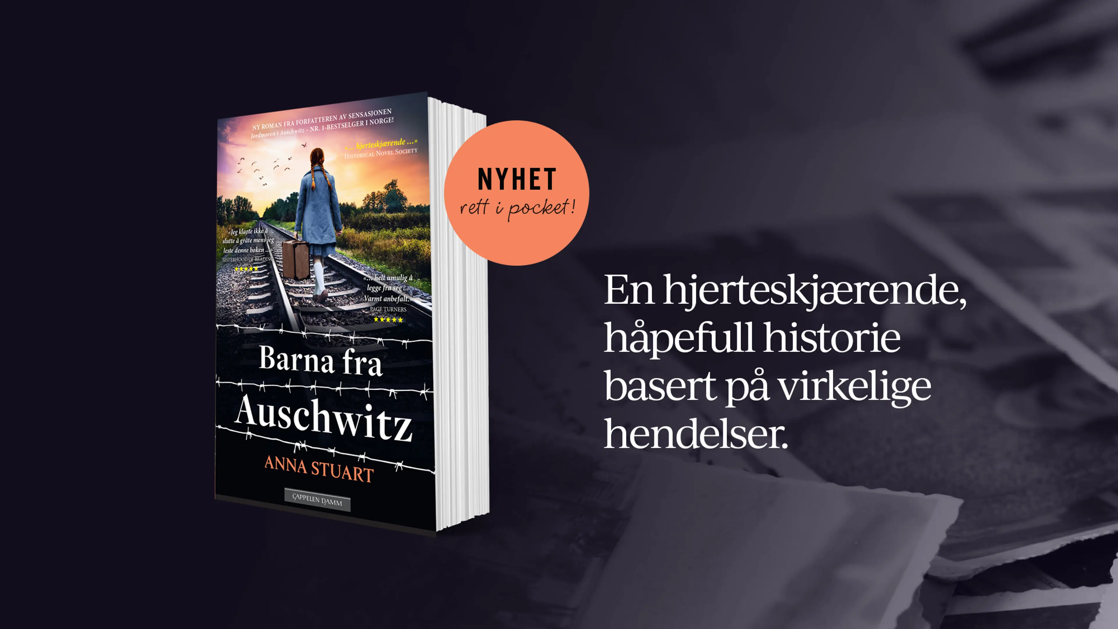 Boken Barna fra Auschwitz og bombe med teksten Nyhet rett i pocket