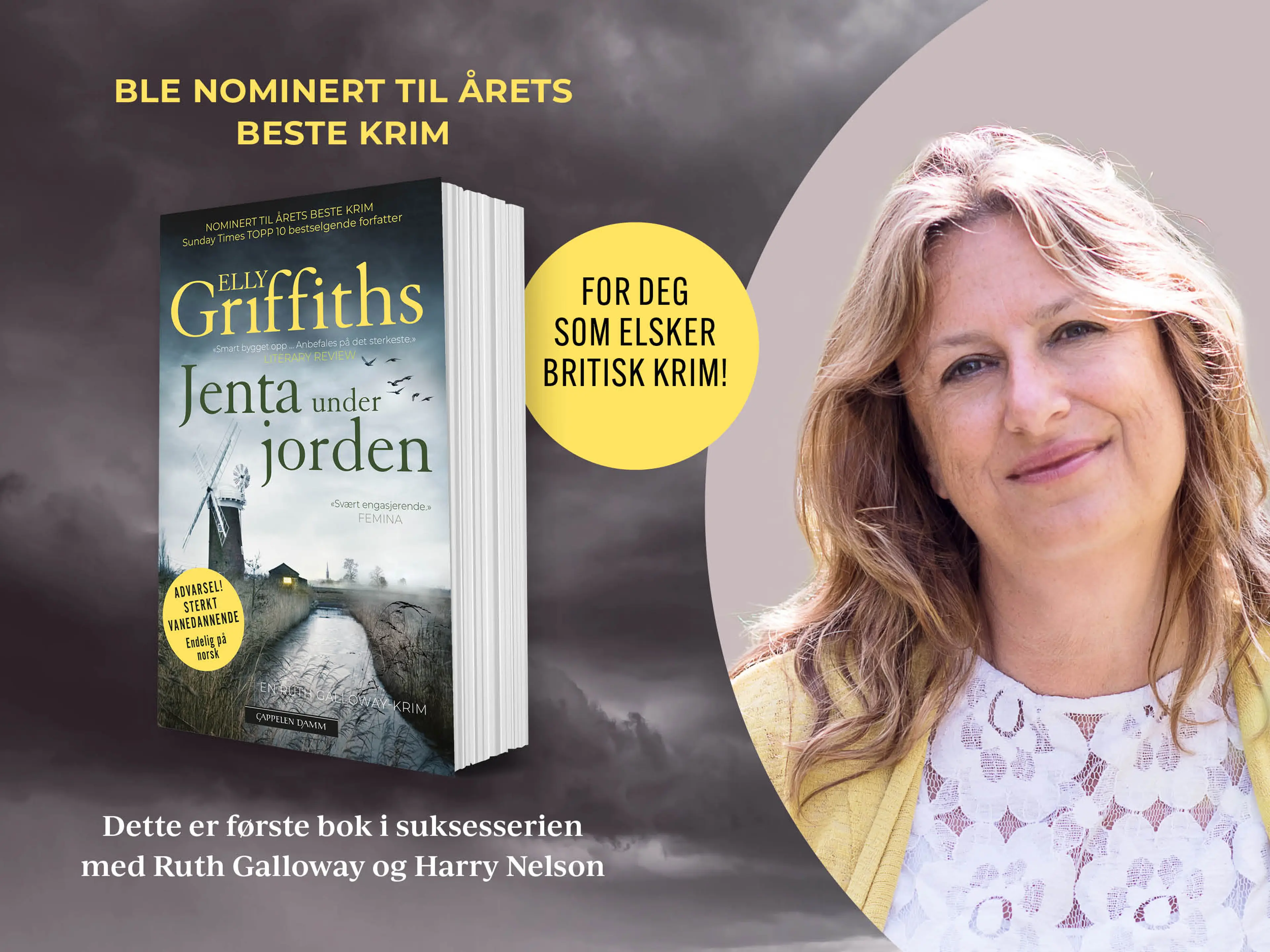 Omslag på boken Jenta under jorden og portrett av forfatter Elly Griffiths