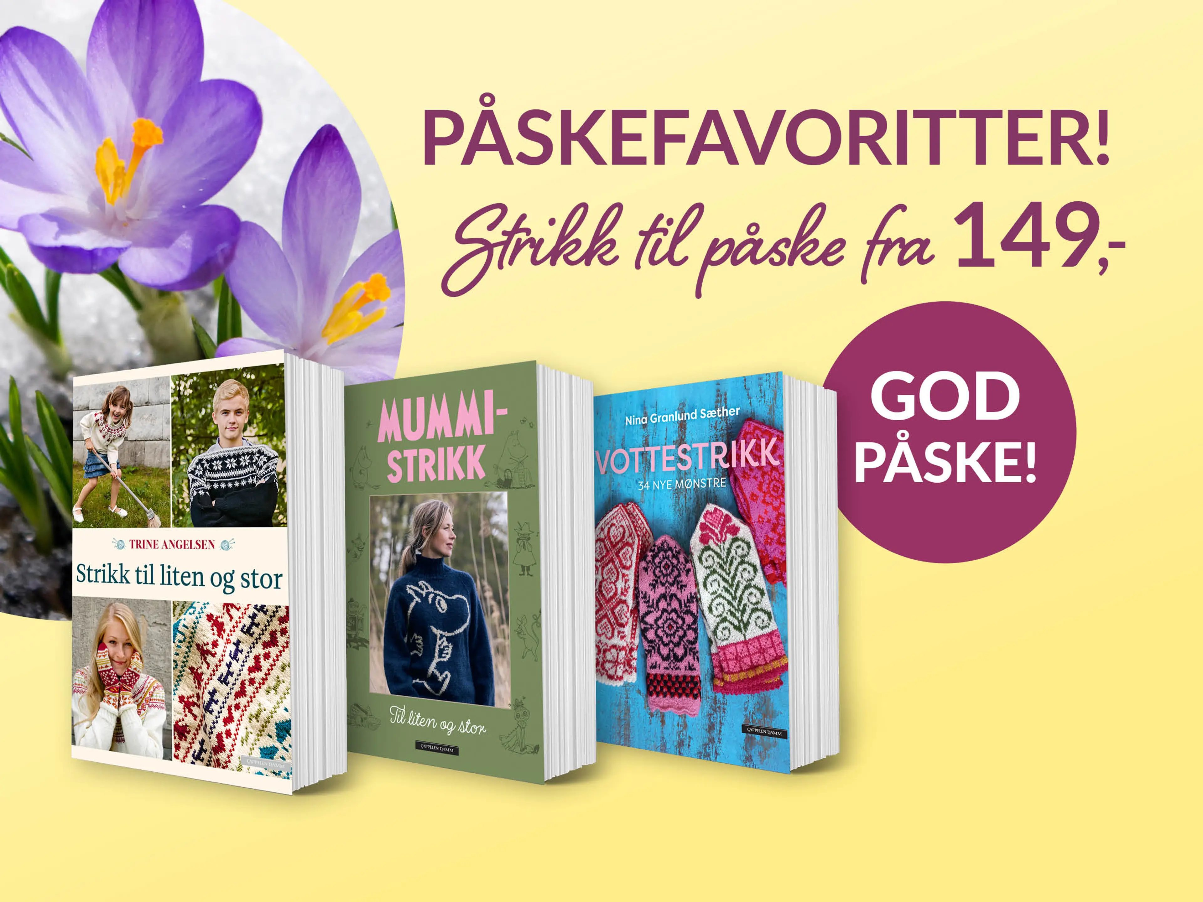 Tre strikkebøker og teksten Strikk til påske fra kr 149