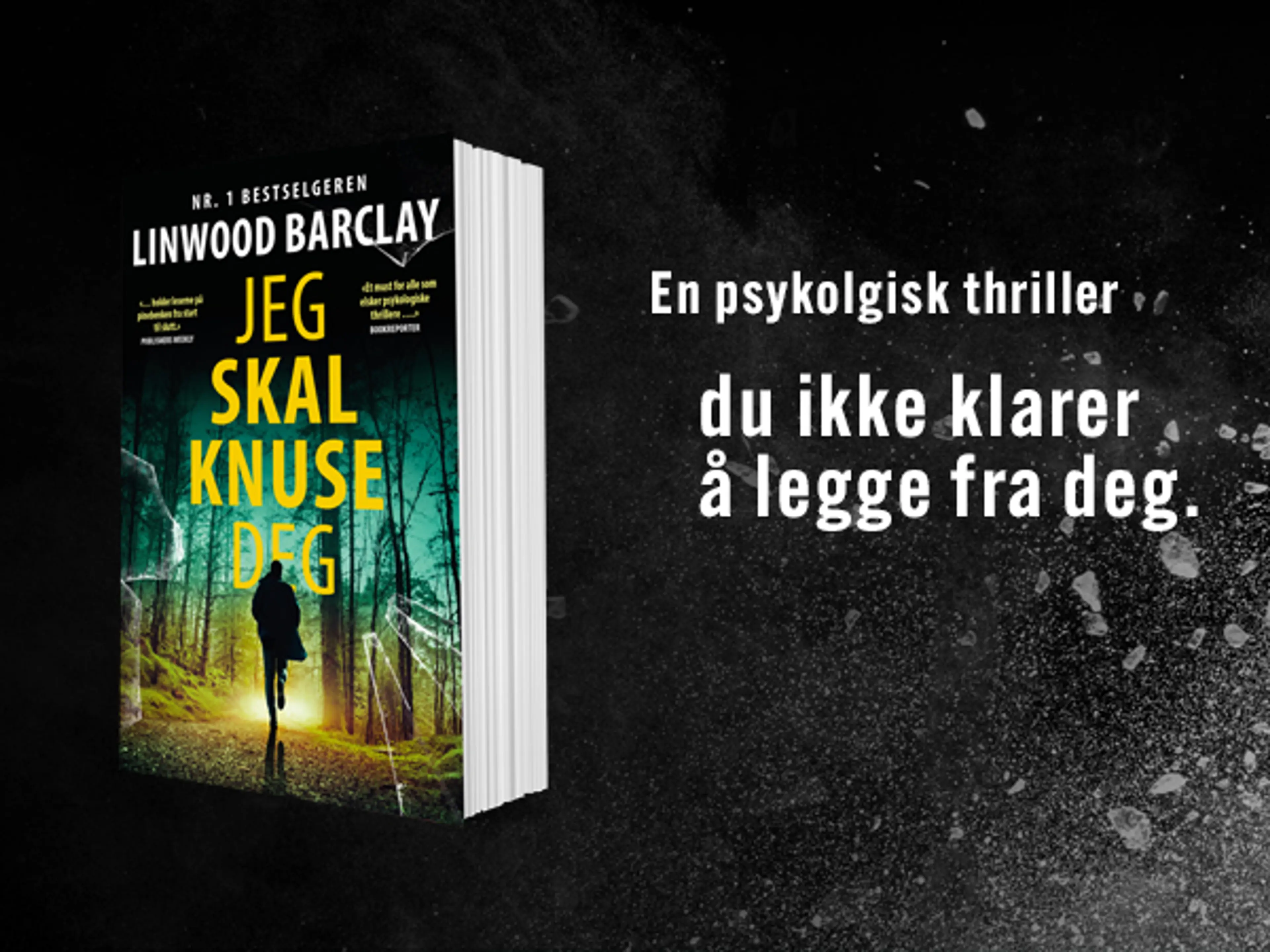 Boken Jeg skal knuse deg på sort bakgrunn med knust glass
