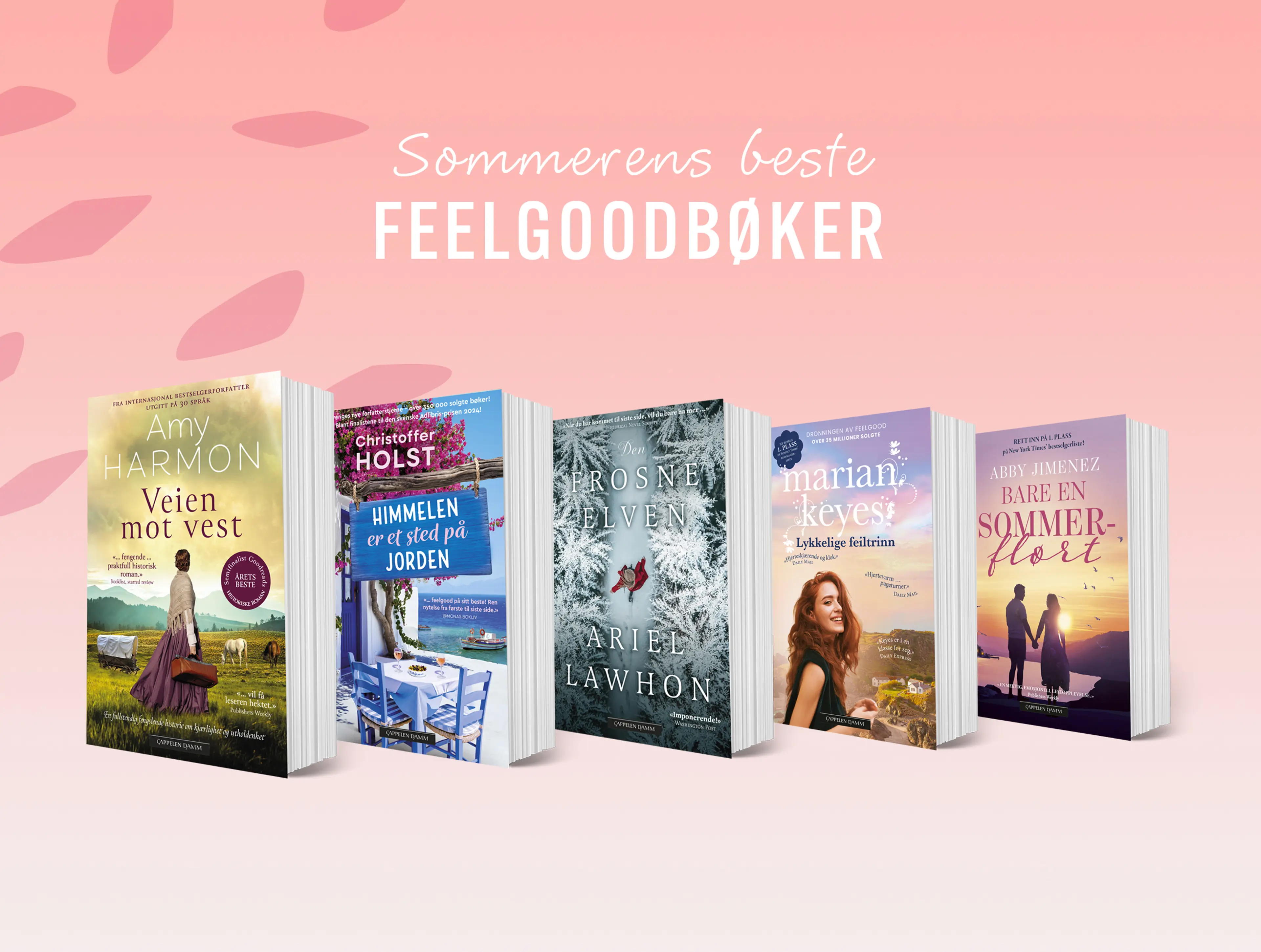 Fem feelgoodbøker og teksten Sommerens beste feelgoodbøker