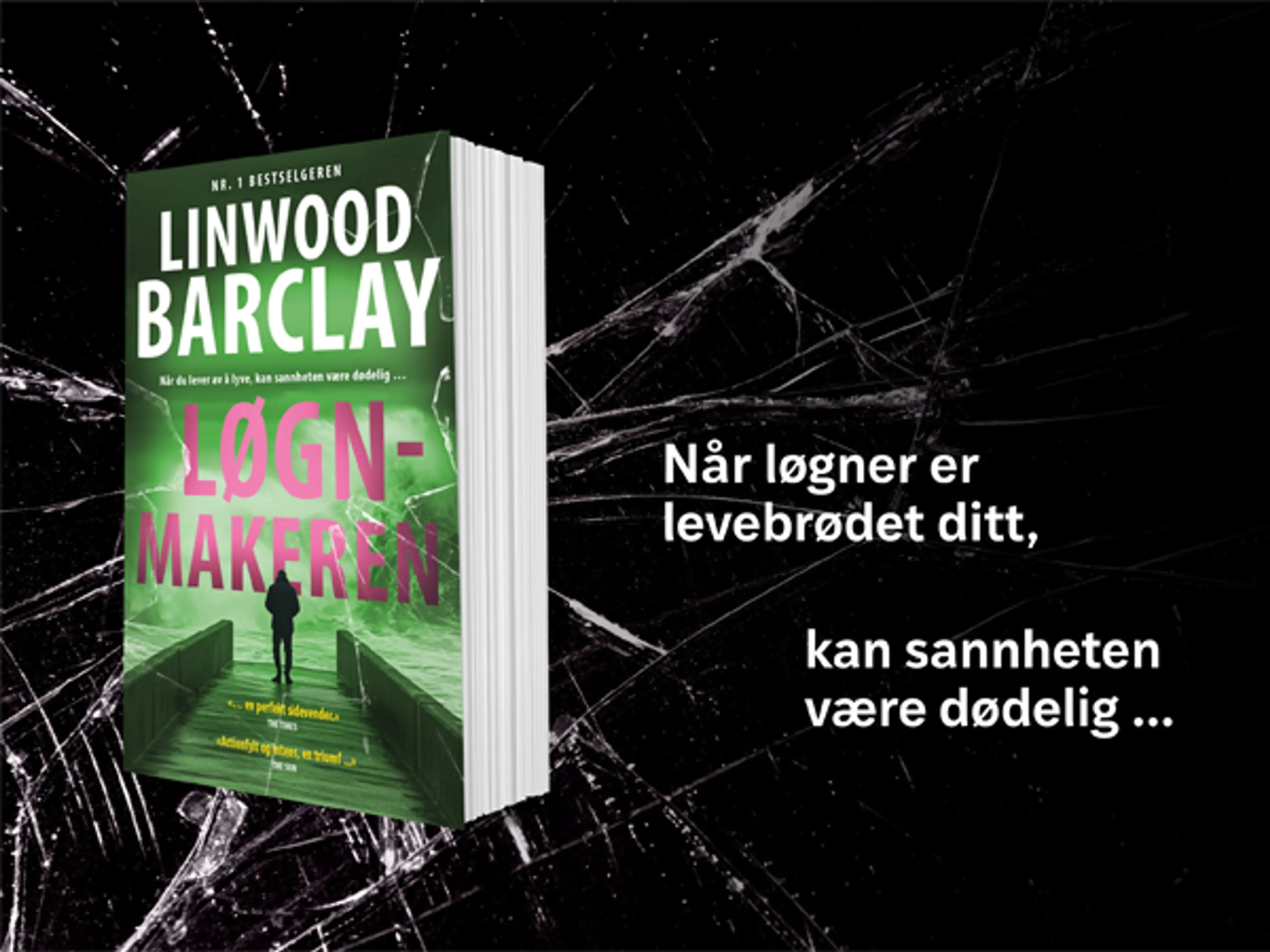 Boken Løgnmakeren på en bakgrunn av sprukket glass