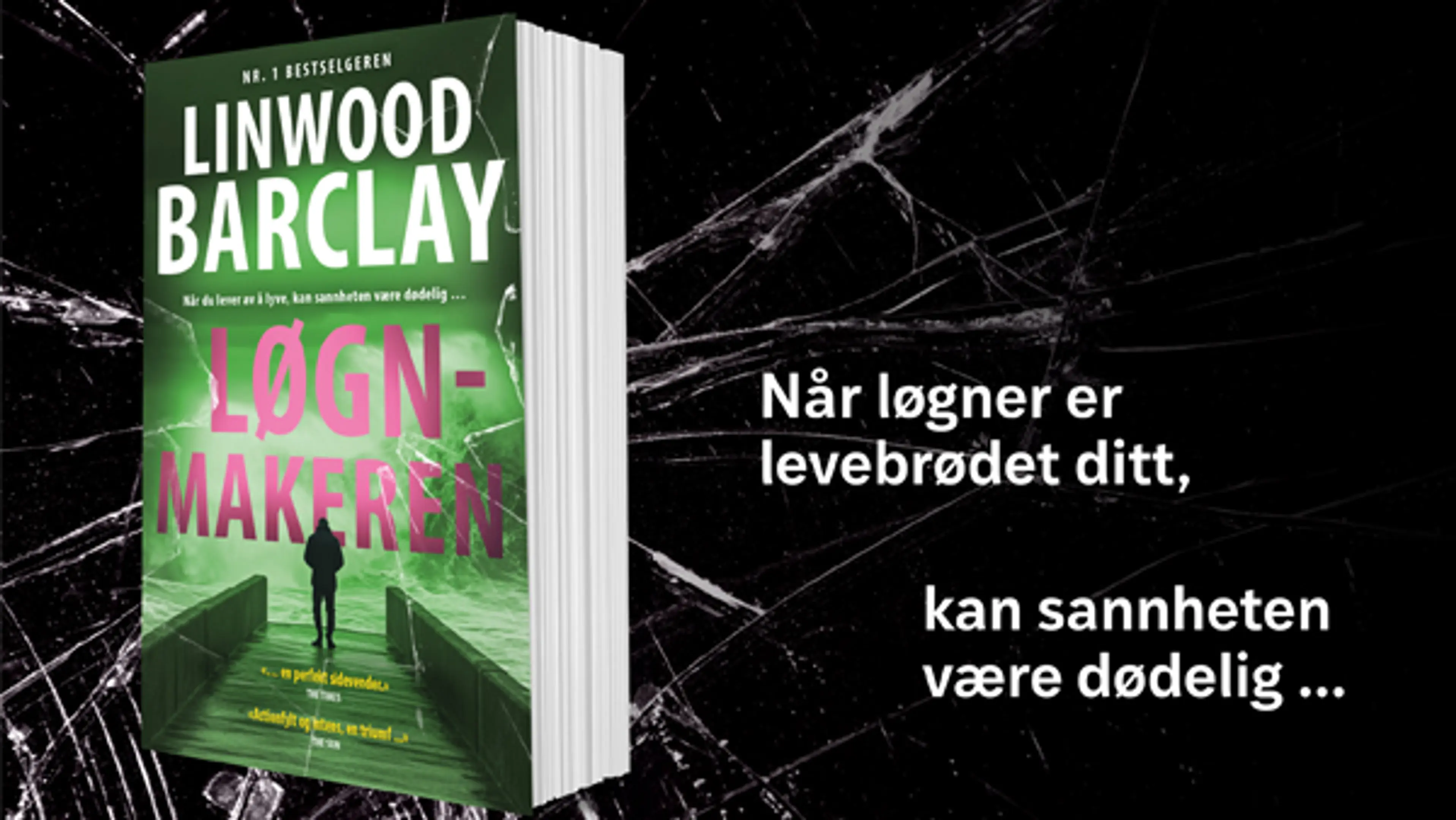 Boken Løgnmakeren på en bakgrunn av sprukket glass