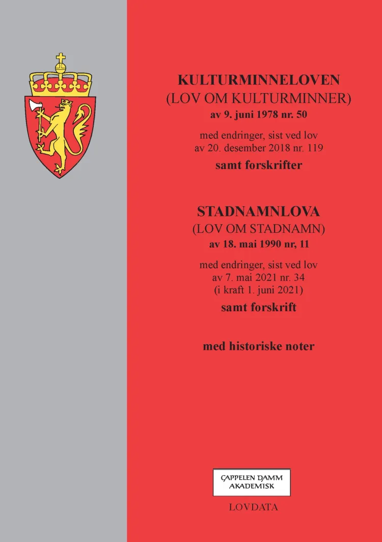 Omslag Kulturminneloven m/forskrifter og stadnamnlova m/forskrift (Heftet)