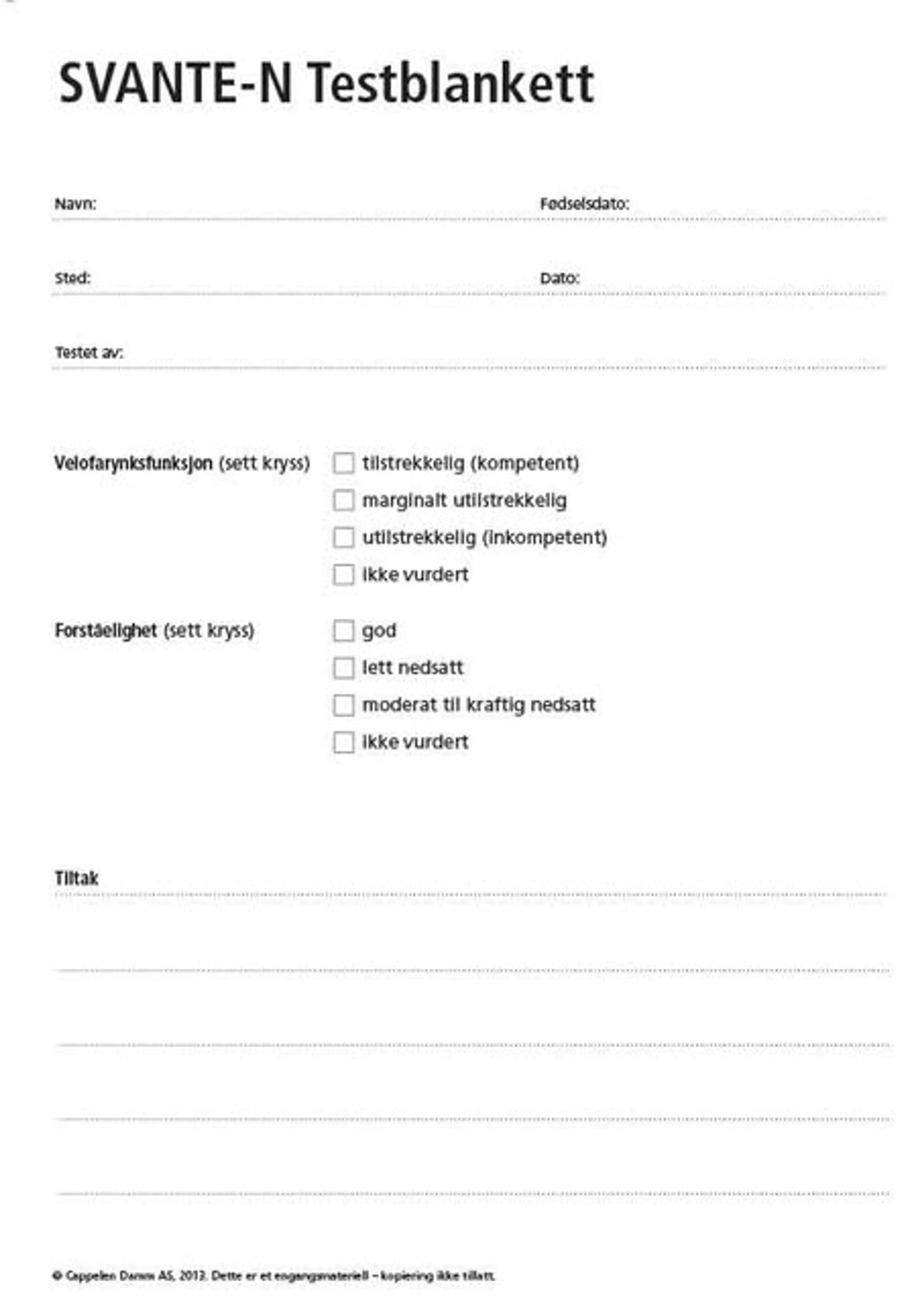 Omslag SVANTE-N Testblankett av A. Lohmander, E. Borell, G. Henningsson, C. Havstam, I. Lundeborg og C. Persson (Ukjent)