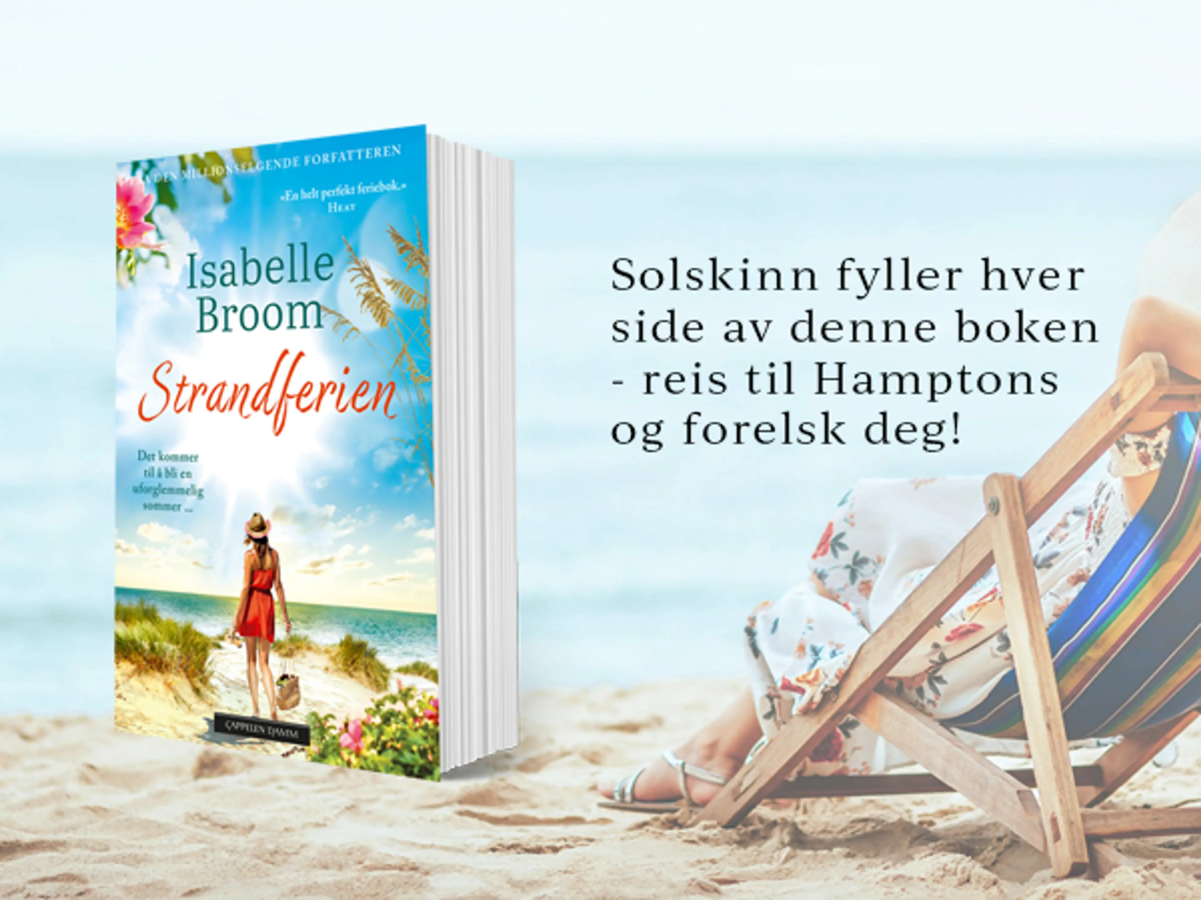 Boken Strandferien på en bakgrunn med en dame i solstol på en strand