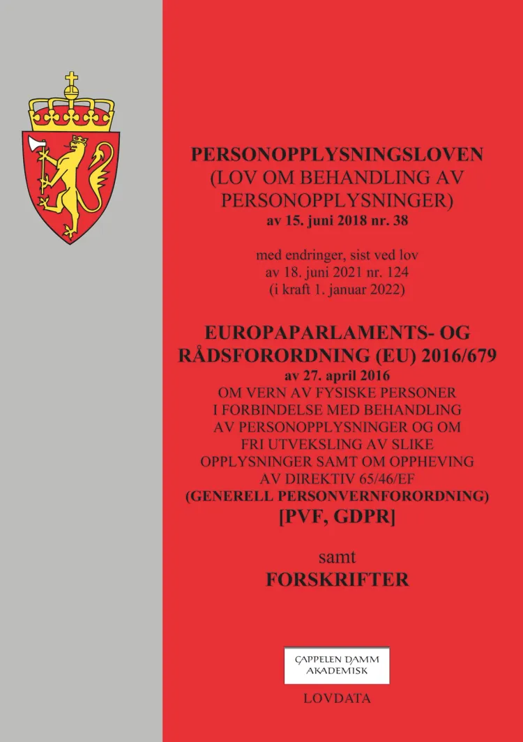 Omslag Personopplysningsloven m/personvernforordning og forskrifter (Heftet)