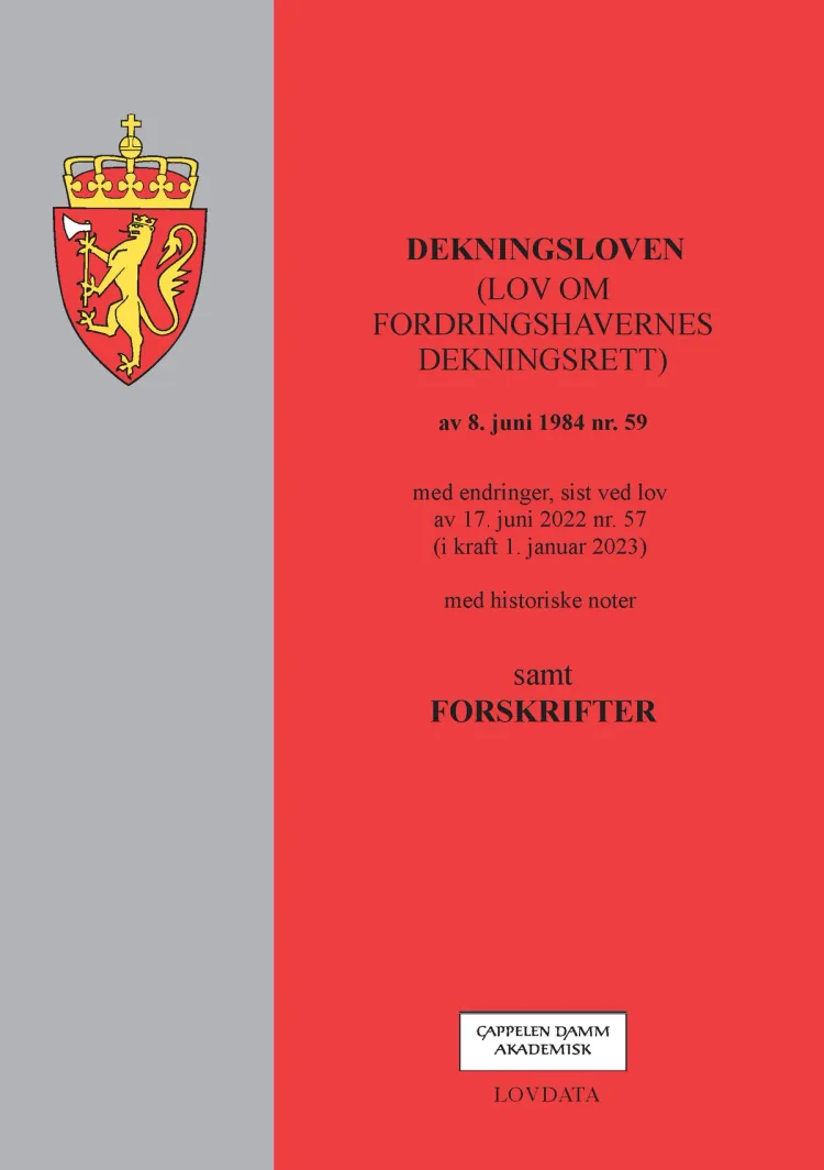 Omslag Dekningsloven (lov om fordringshavernes dekningsrett) m/forskrifter (Heftet)